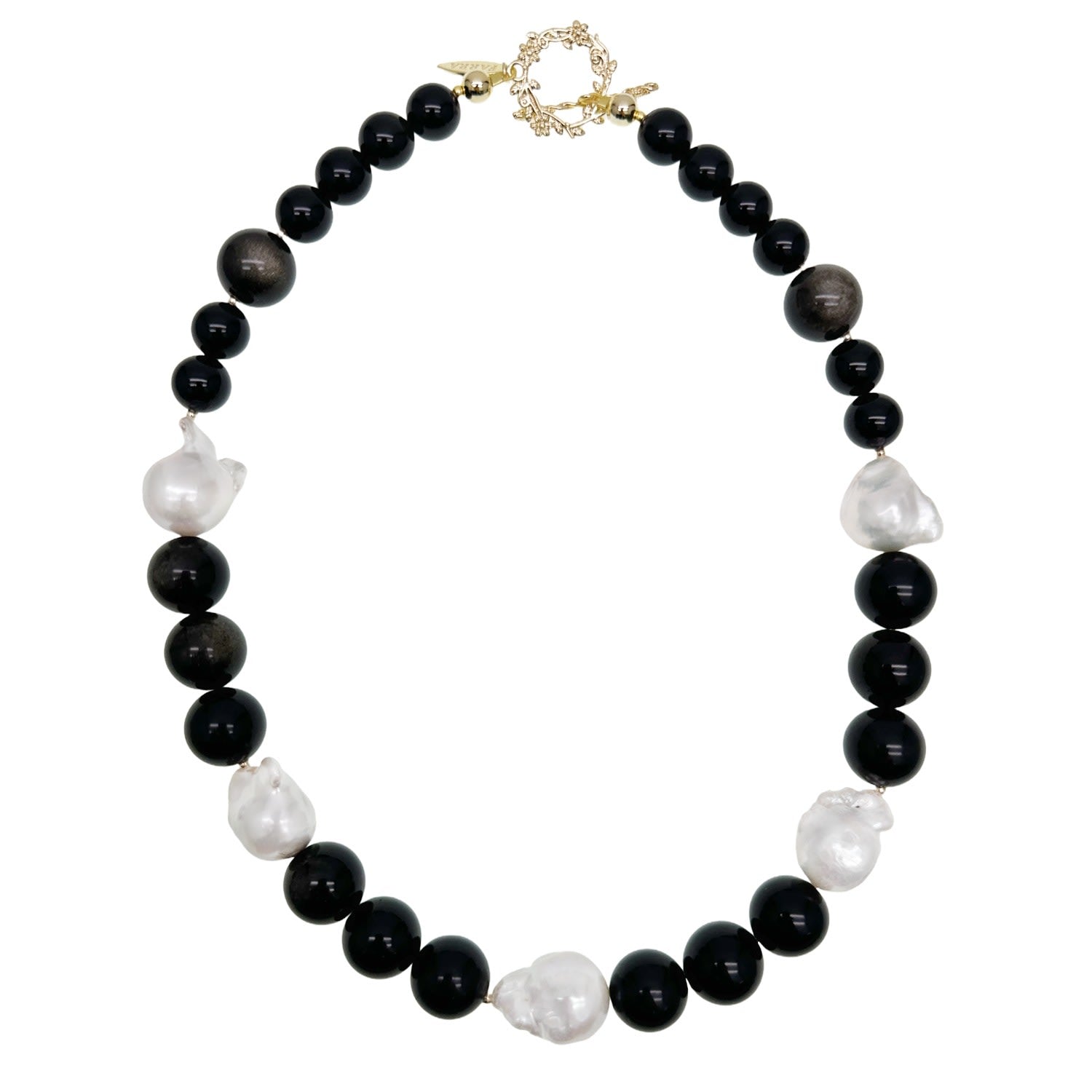 Timeless Nugget Black Obsidian With Baroque Pearls Chunky Necklace