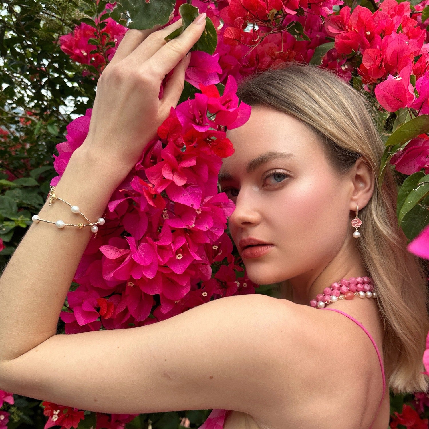 Timeless Pink Rose With Freshwater Pearls Dangle Earrings