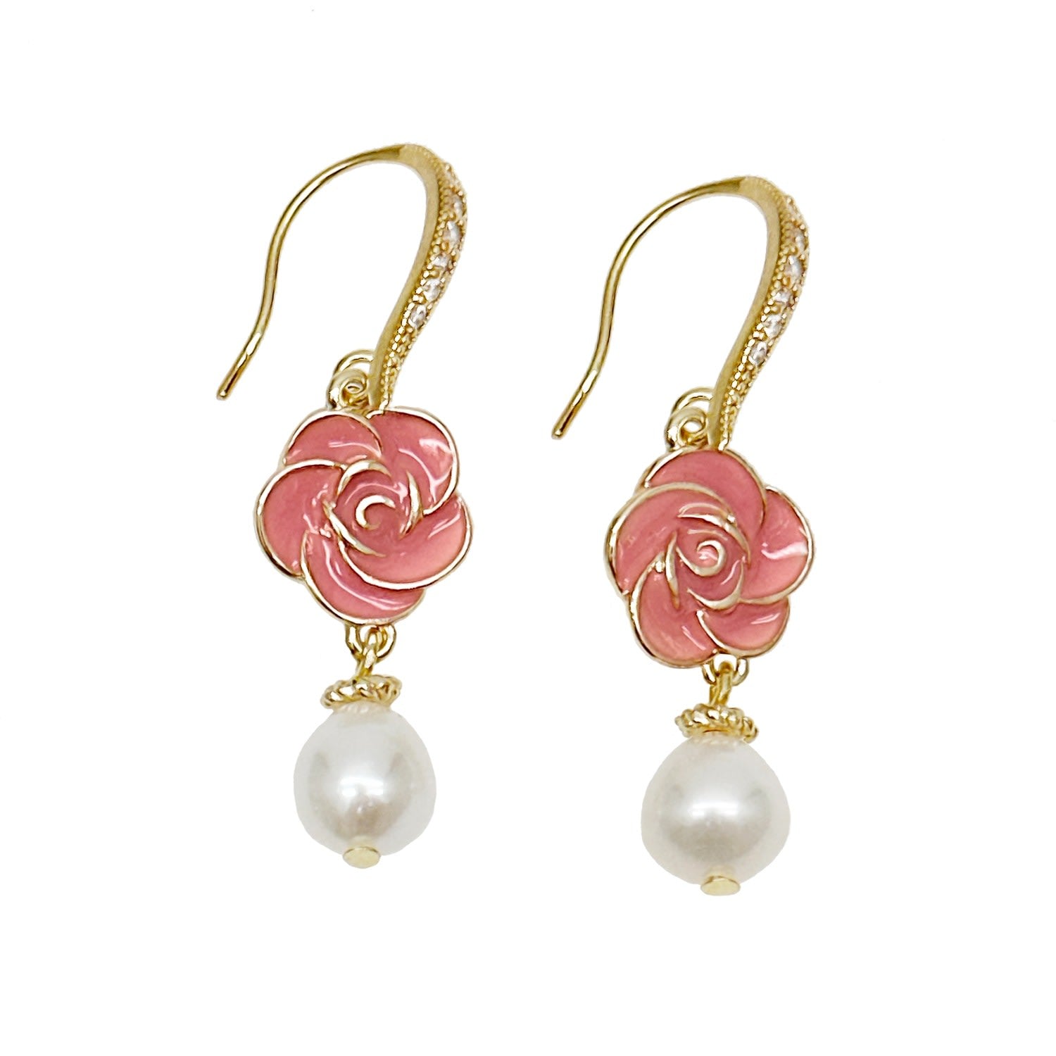 Timeless Pink Rose With Freshwater Pearls Dangle Earrings