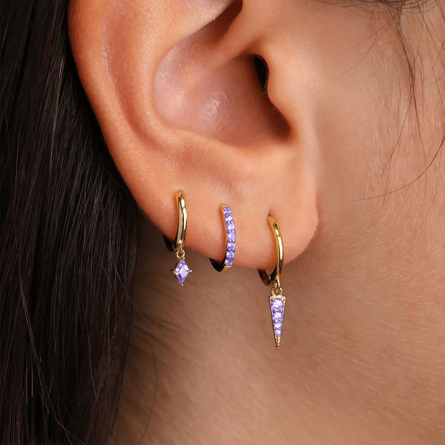 Tiny Amethyst February Birthstone Dangle Rook Hoops
