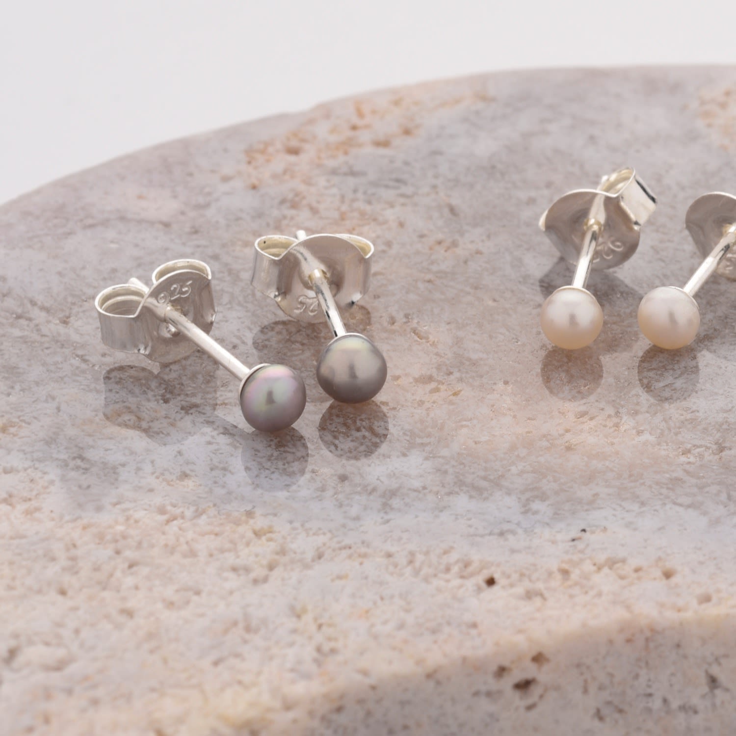 Tiny Button Stud Pearl Earrings Silver