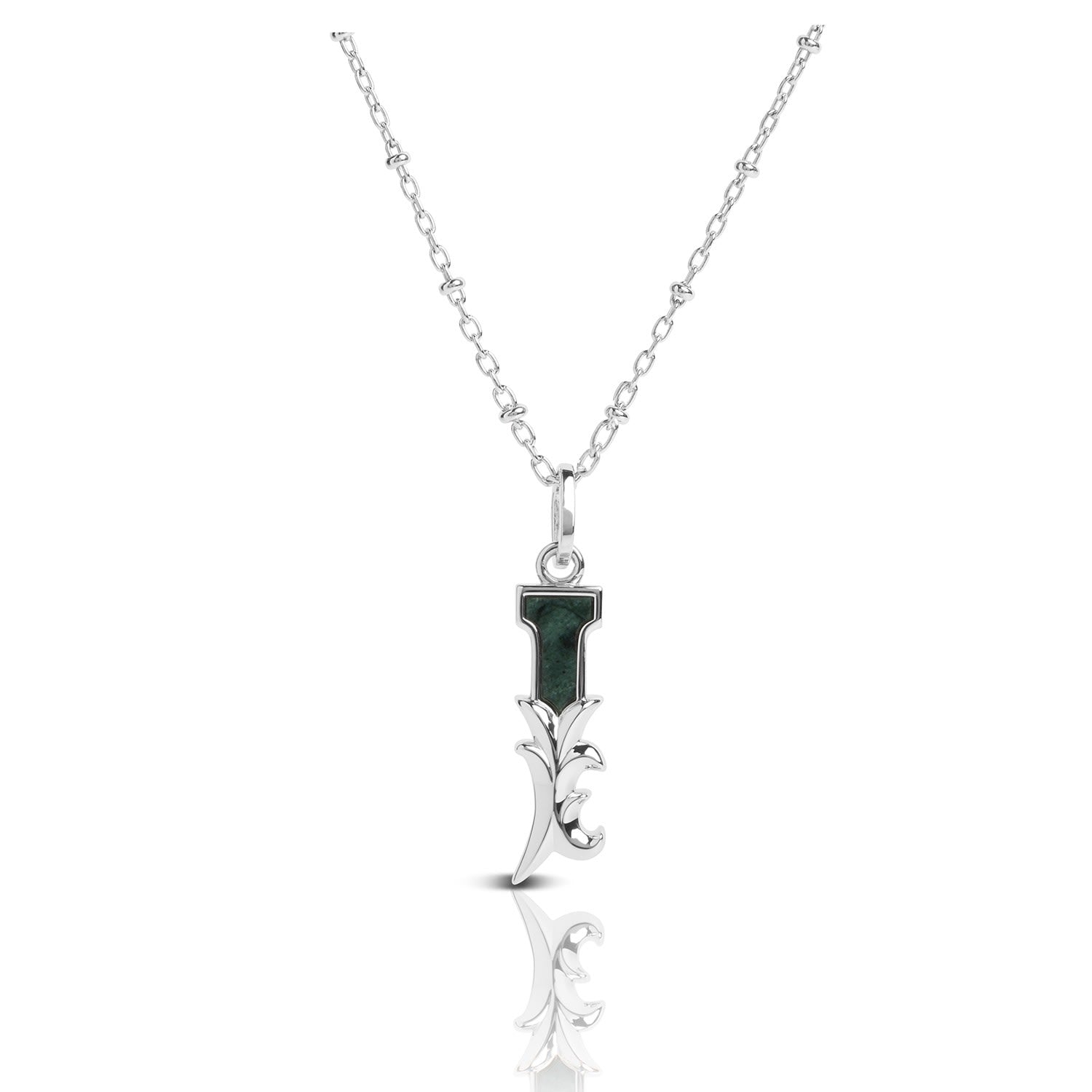 Solid Silver I Initial Necklace With Green Marble