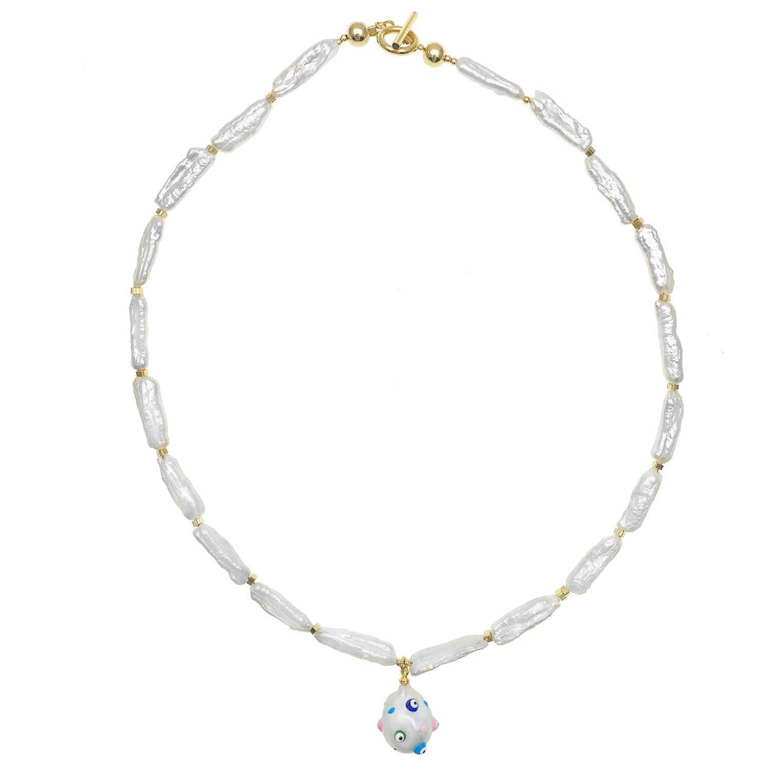 Freshwater Pearl With Painted Evil Eye Pendant Necklace