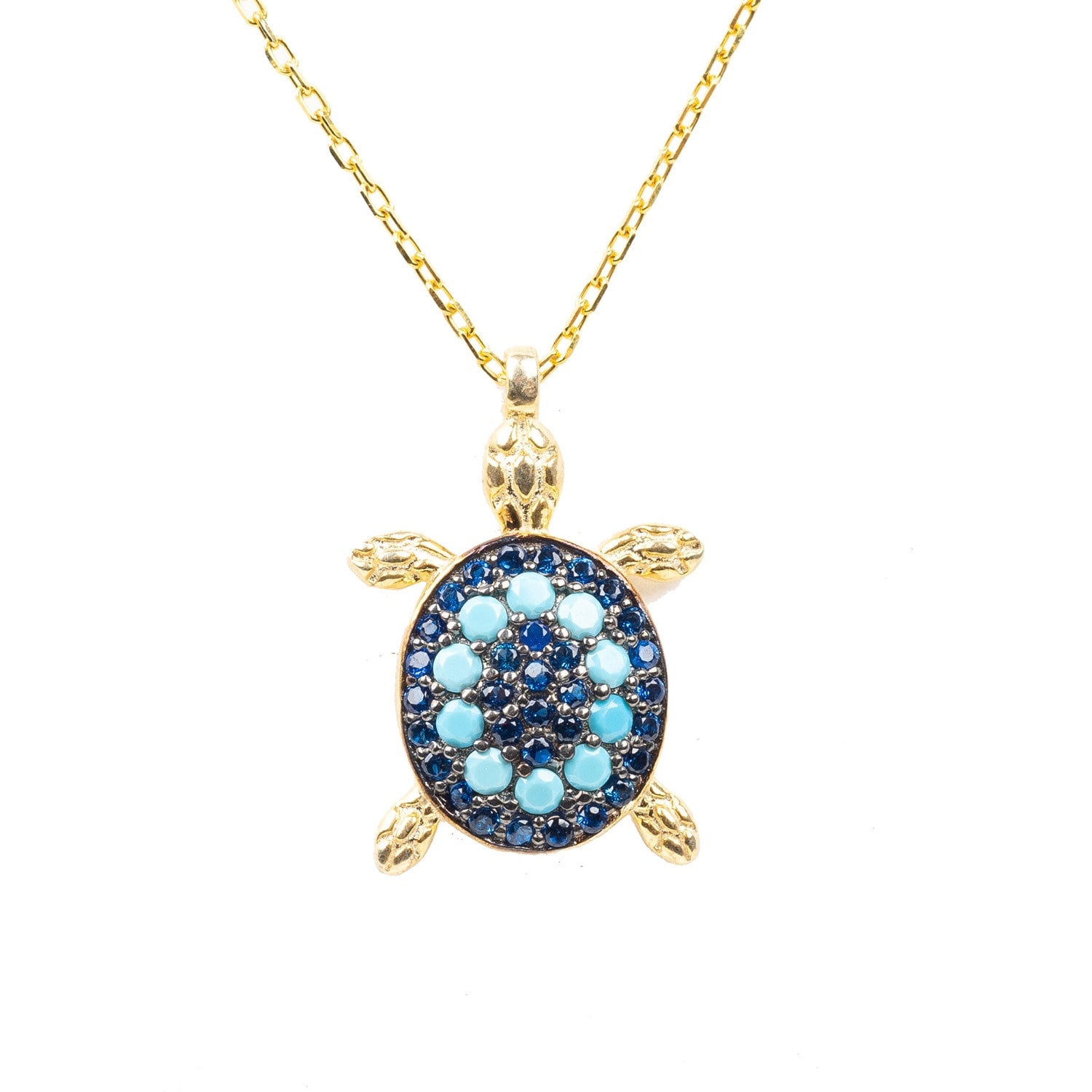 Turtle Turquoise Blue Pendant Necklace Gold