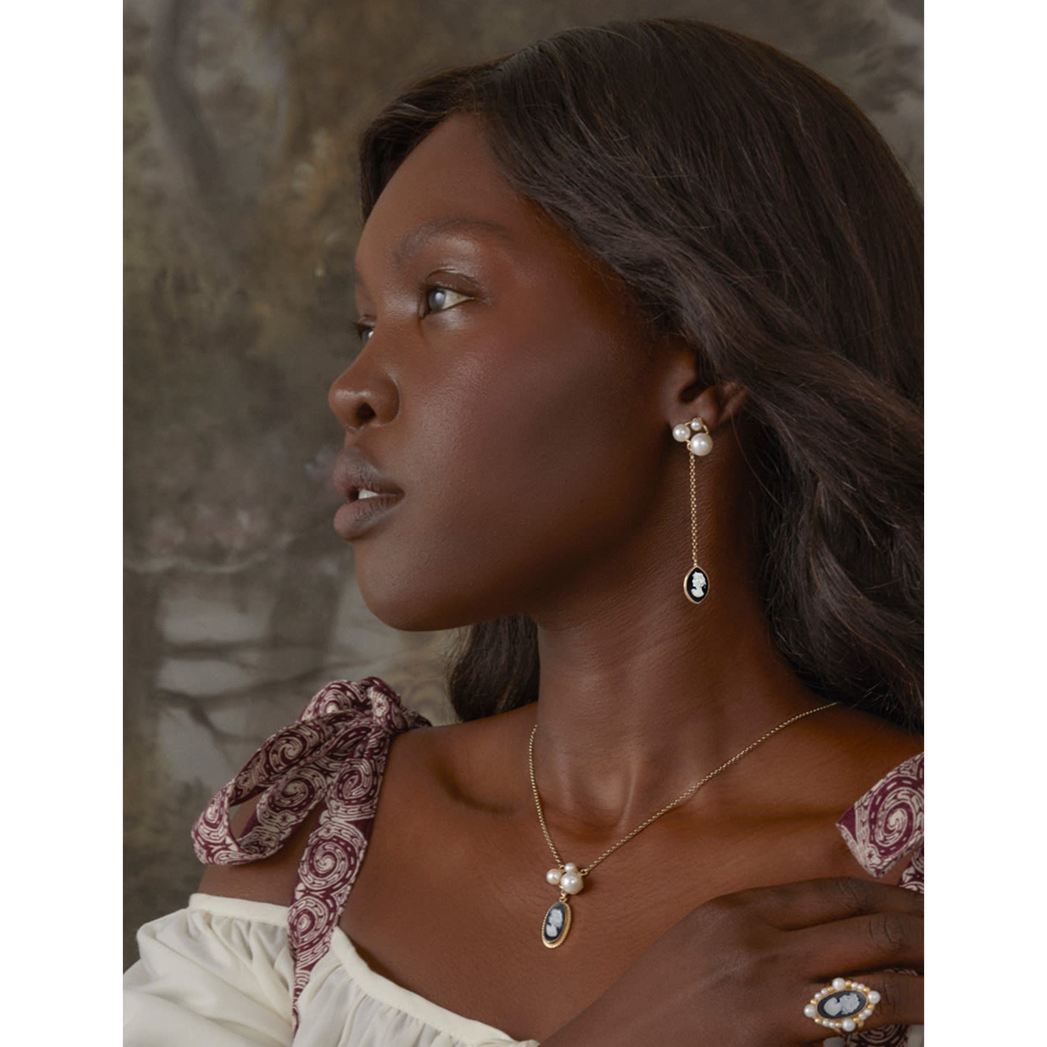 Lilith Gold-Plated Black Cameo And Pearl Drop Earrings