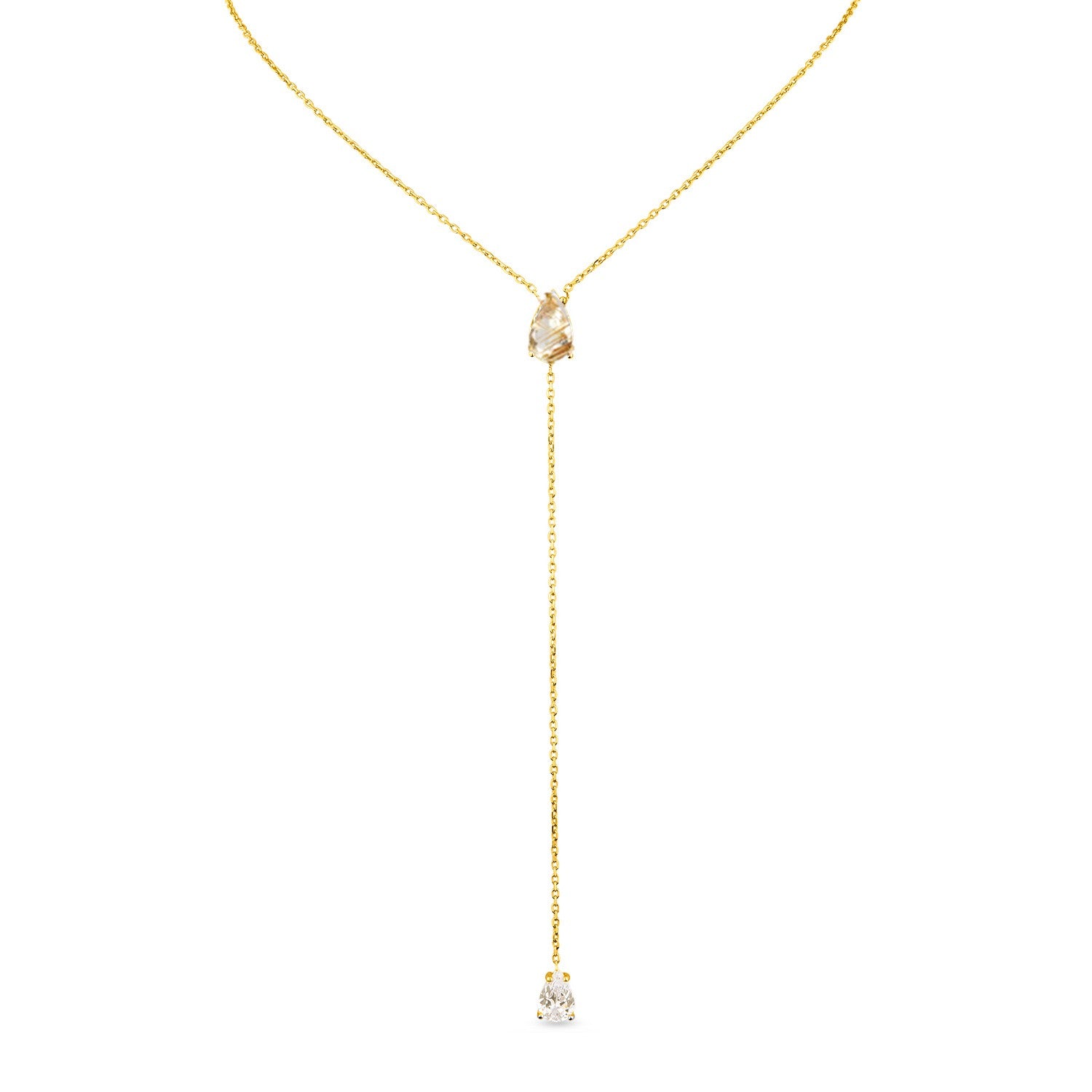 Pure Lariat With Gold Rutile & Man Made Cz Diamond Stimulant In Sterling Silver & 18K Gold Vermeil