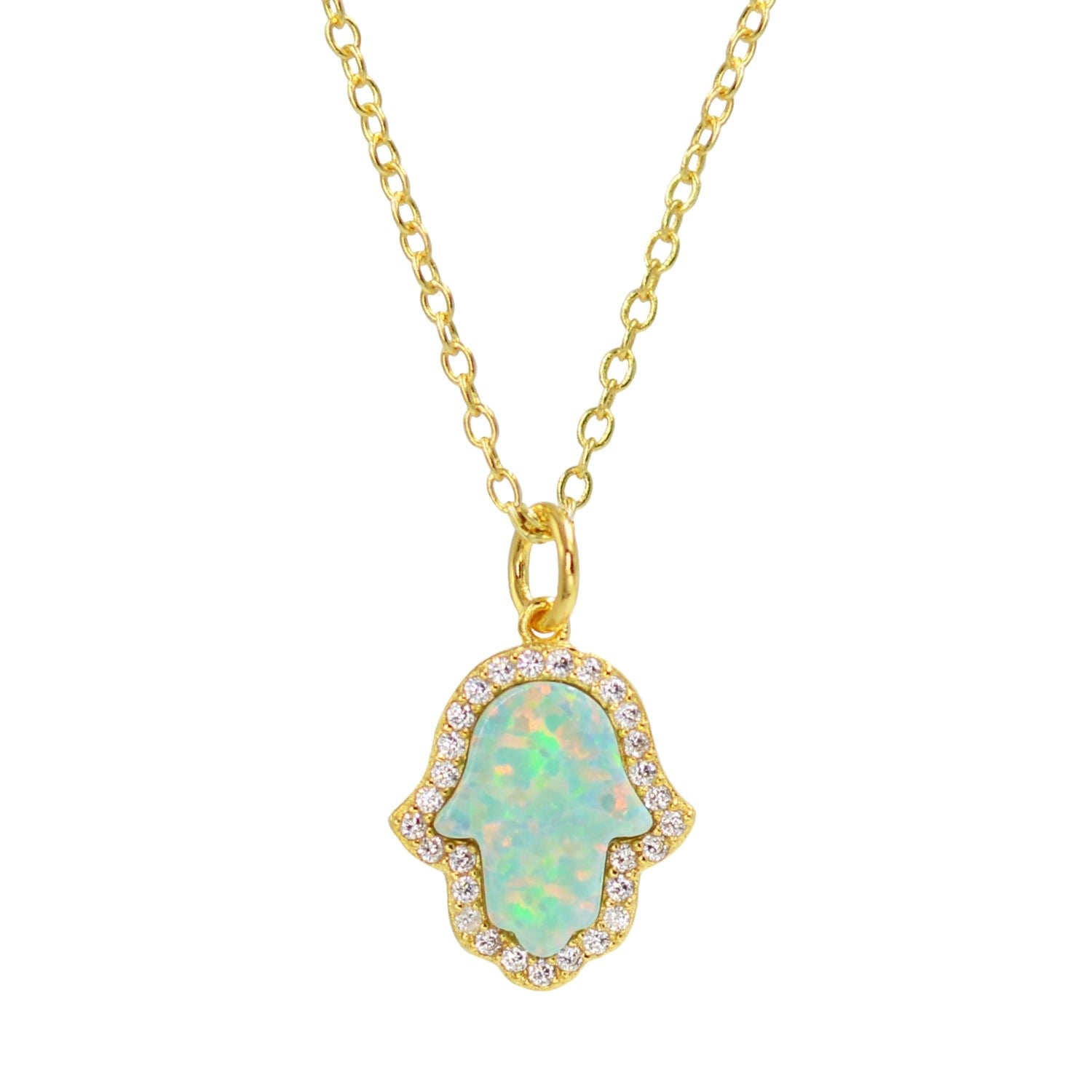 Opal Hamsa Hand Necklace In Green Opal