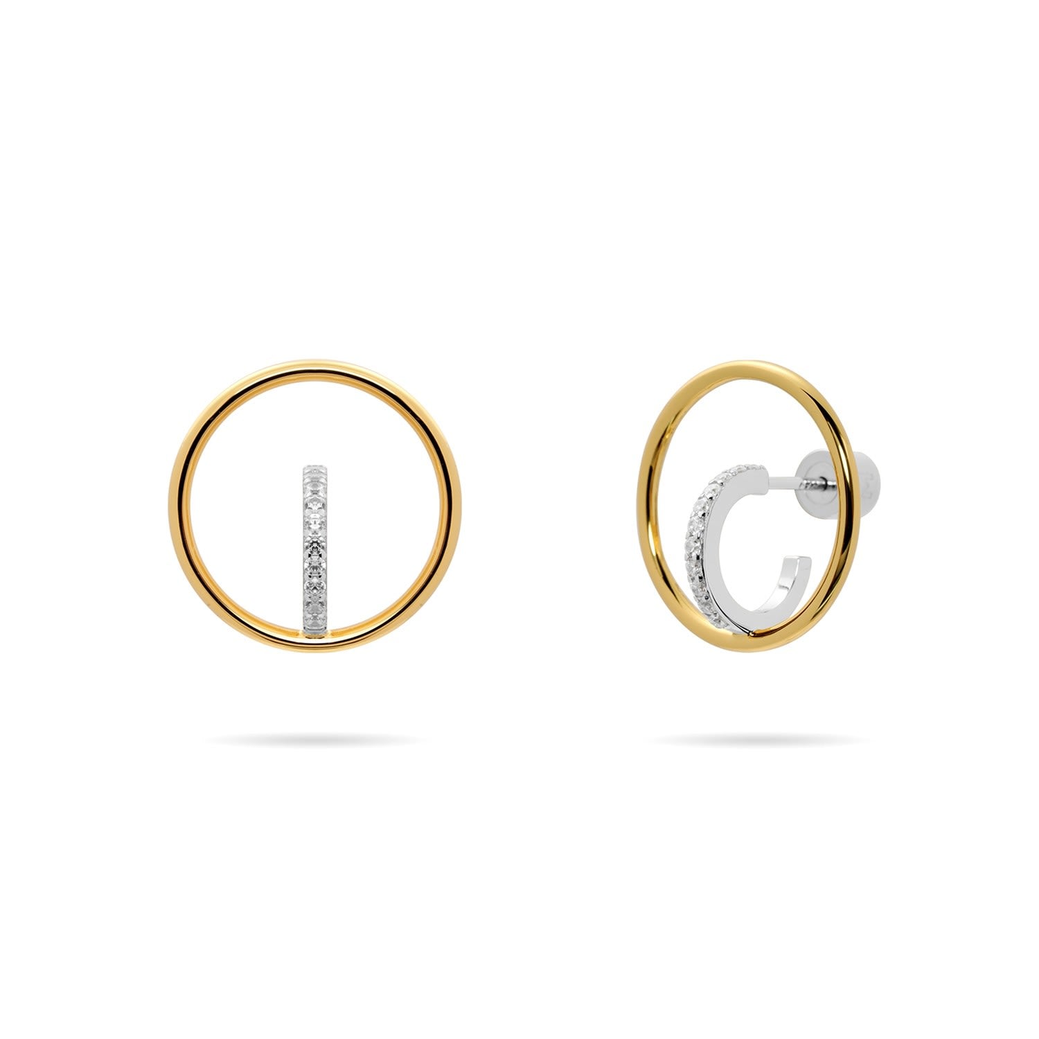 Gold And Silver Bi-Color Hoop And Huggie Cz Earrings - Gold Hoop, Silver Huggie