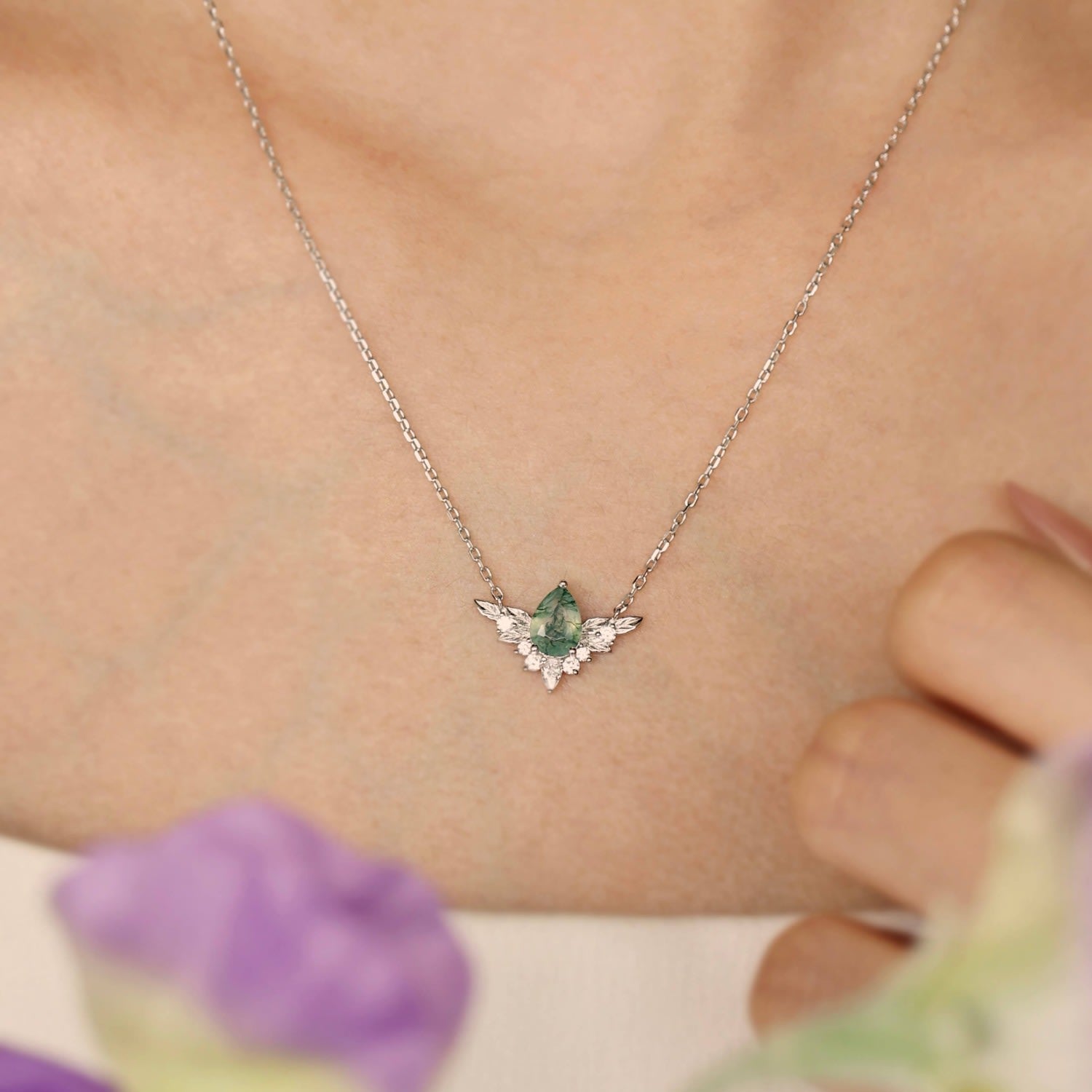 To Bloom Again Moss Agate White Gold Vermeil Necklace
