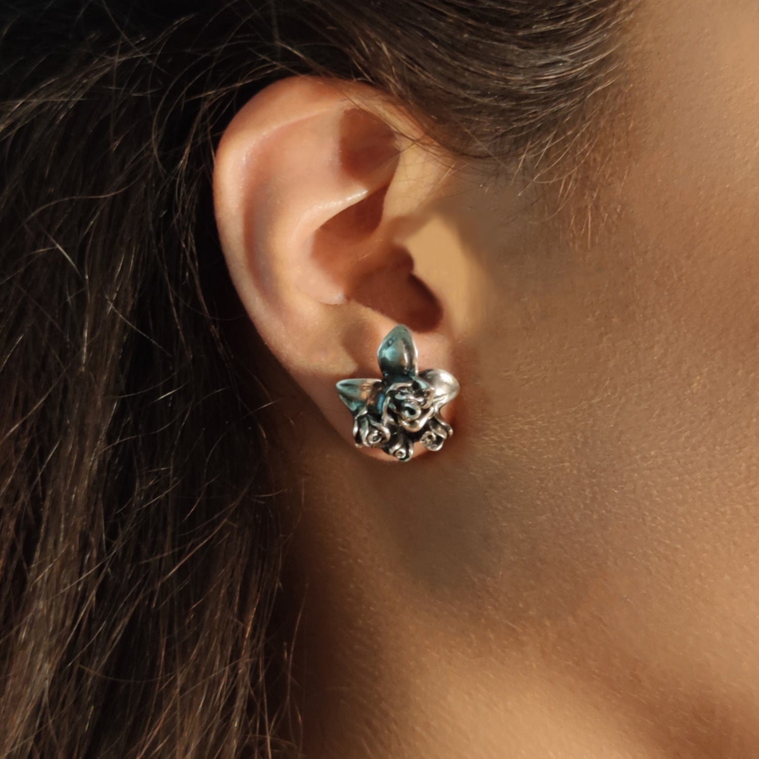 Together Sterling Silver Stud Earrings – Elegant Carved Rose And Leaf Jewelry, Romantic Gift Idea For Women