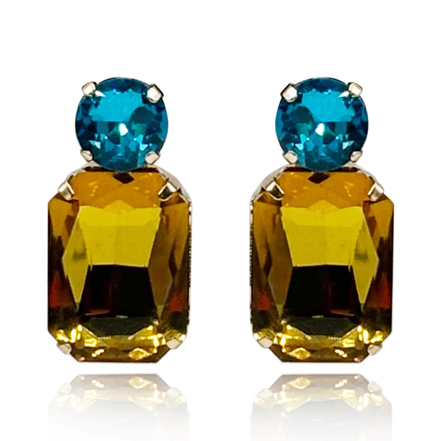 Topaz Crystal Ocatgon And Aqua Round Stone Drop Earrings