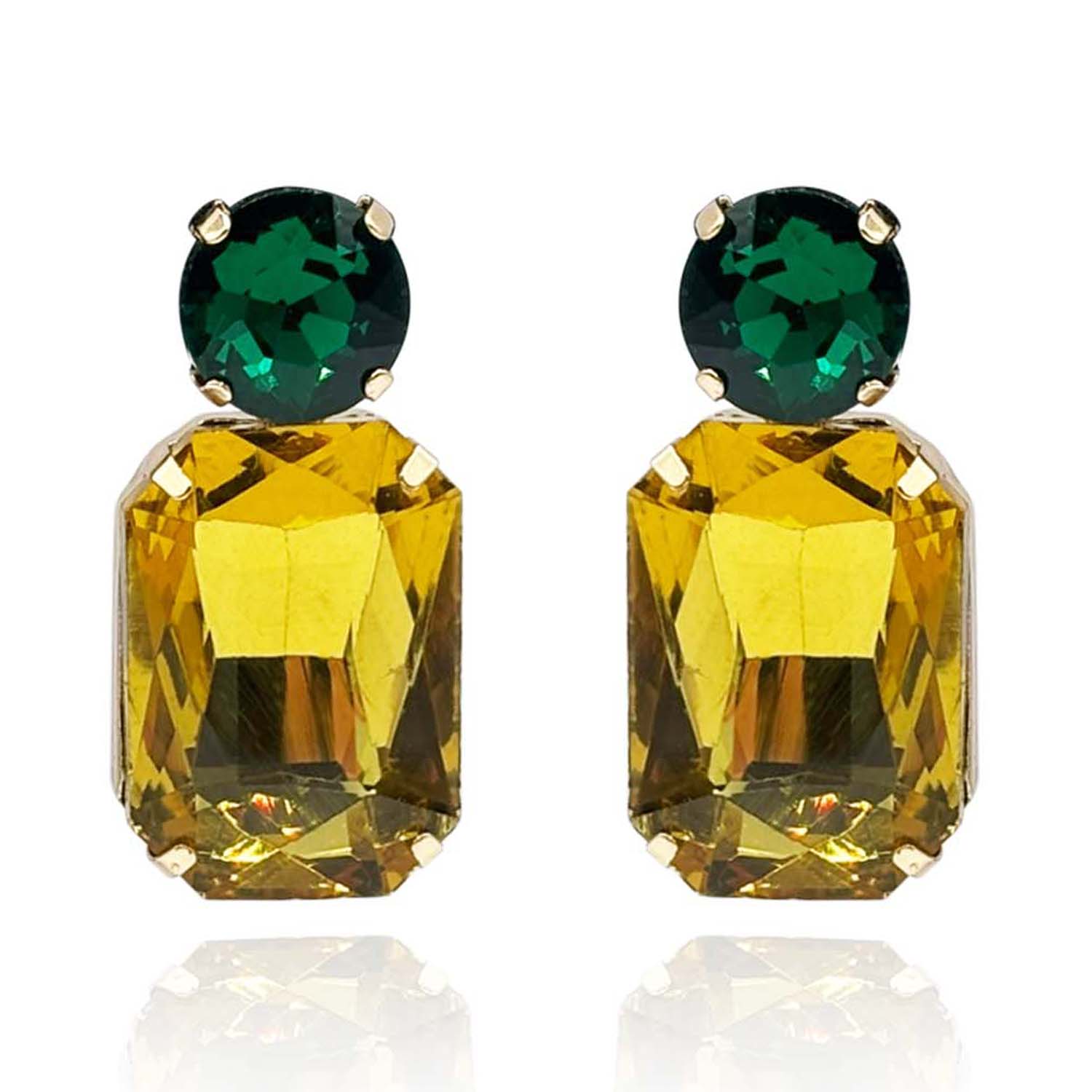 Topaz Crystal Ocatgon And Emerald Round Stone Drop Earrings