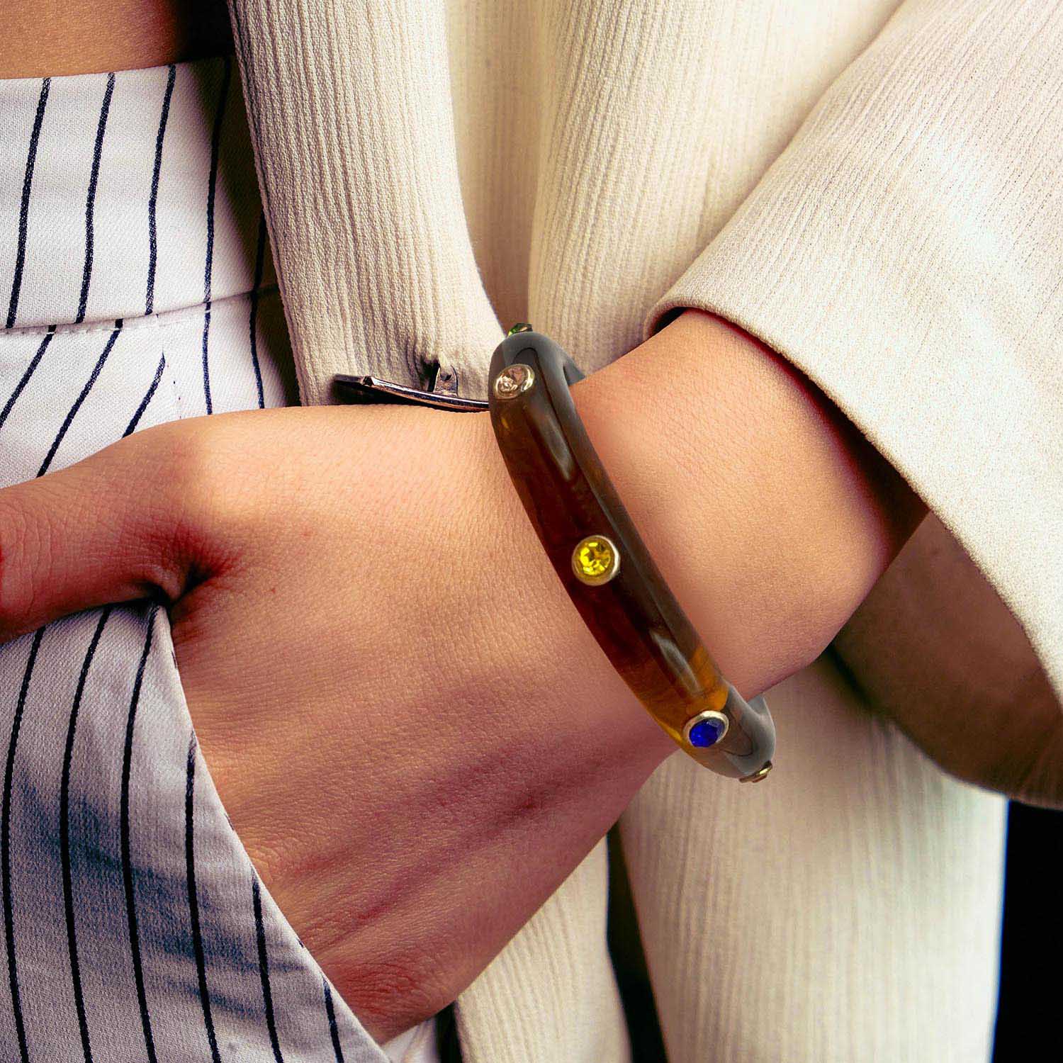 Tortoise Resin Bangle With Multi-Color Crystals