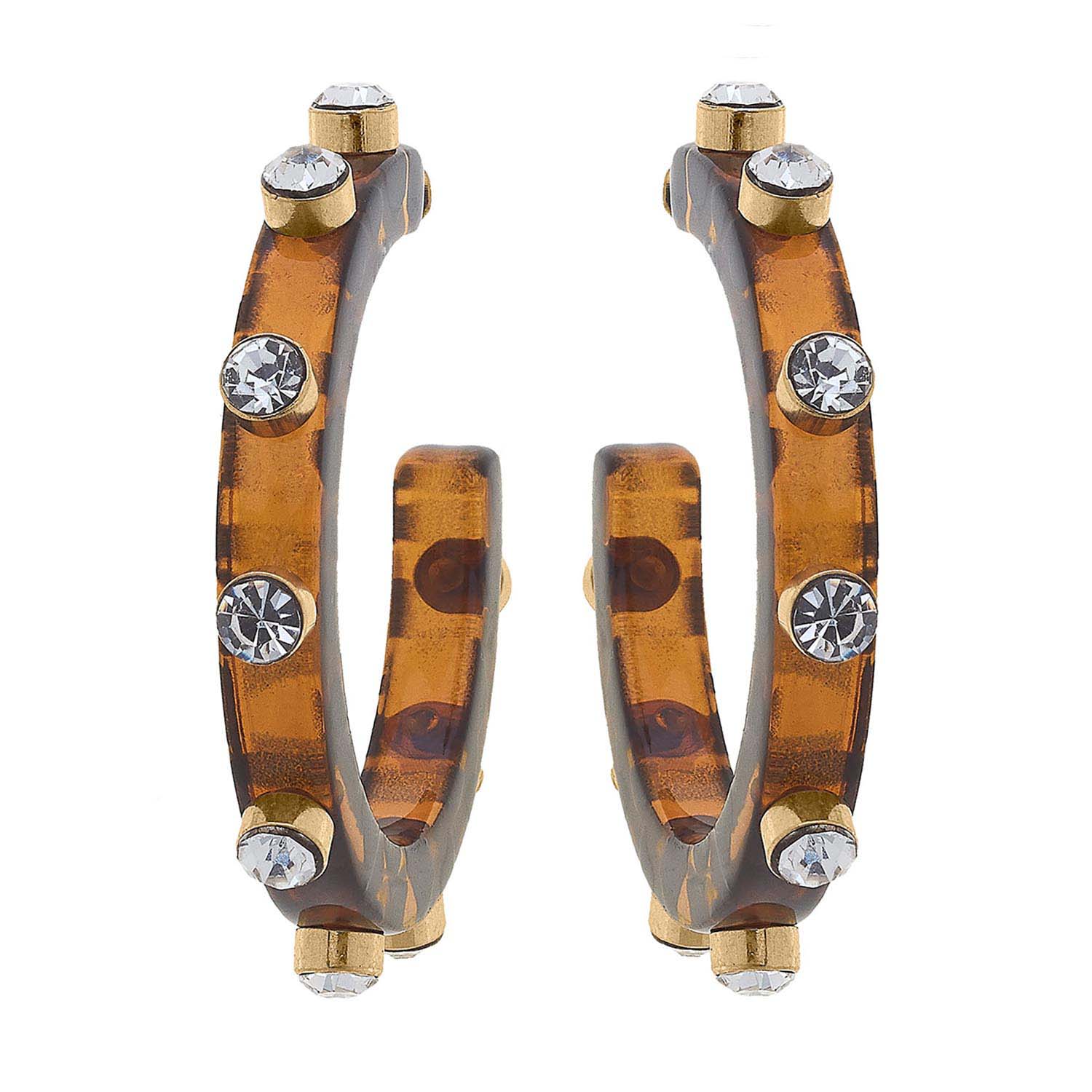 Tortoise Resin Hoop Earrings With Crystal Accents