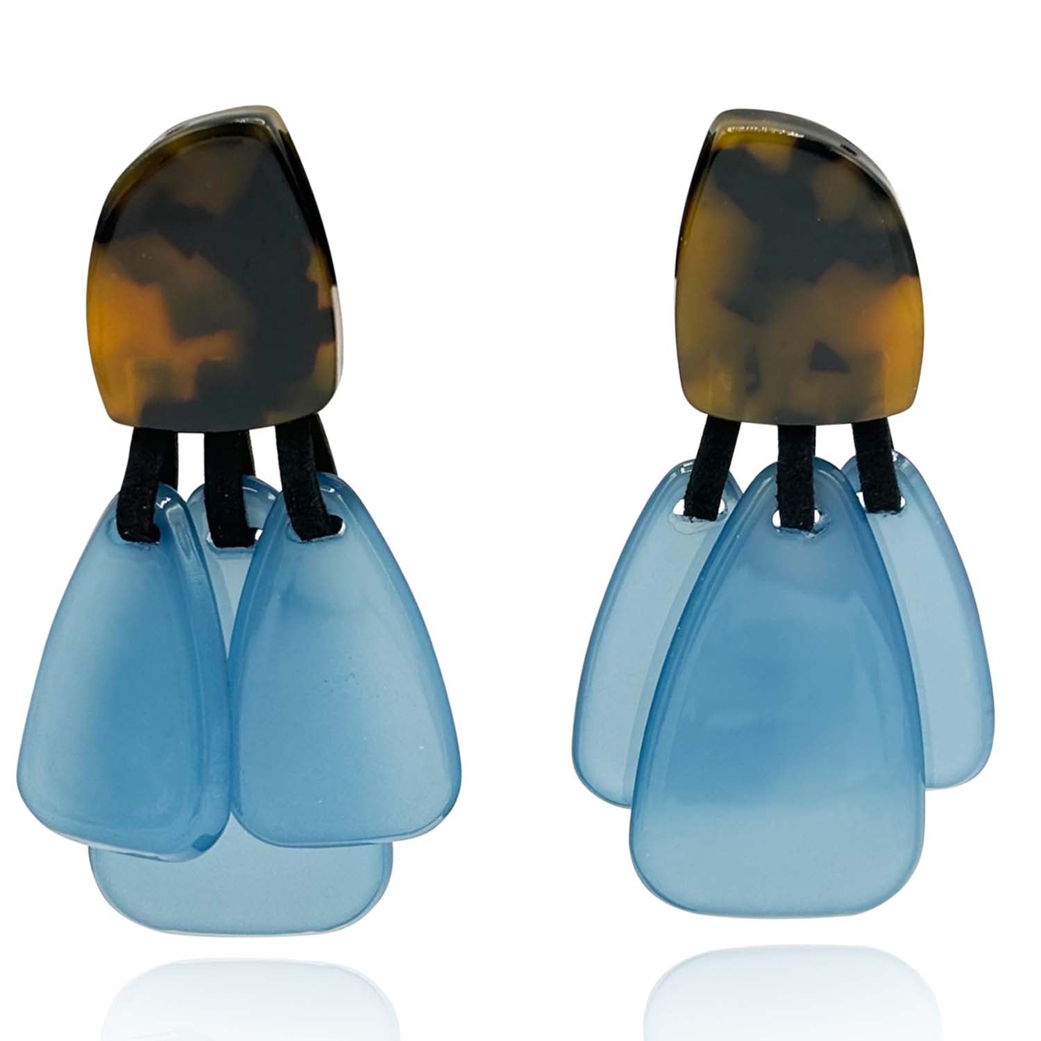 Tortoise Resin Top Earrings With Teal Blue Drops