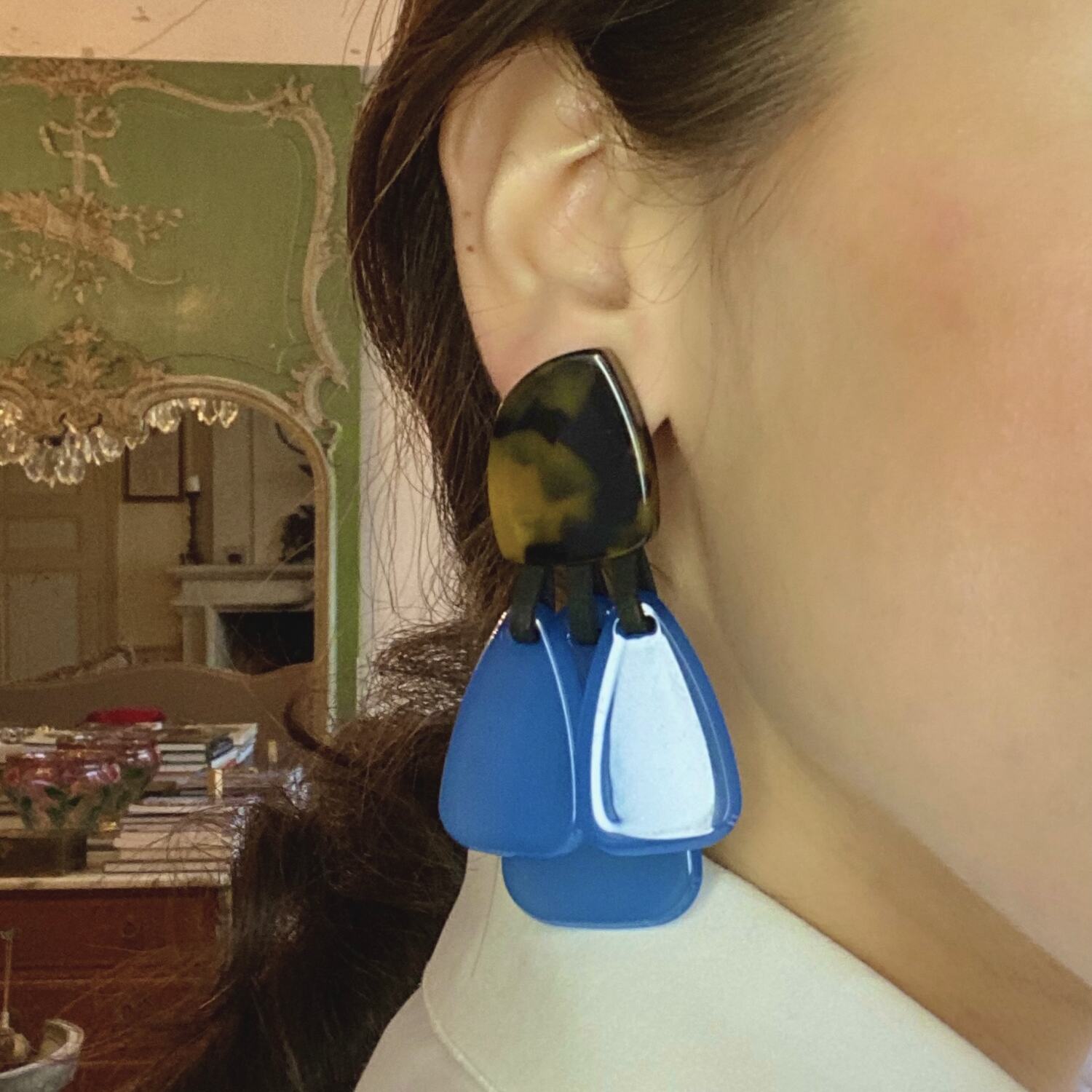 Tortoise Resin Top Earrings With Teal Blue Drops