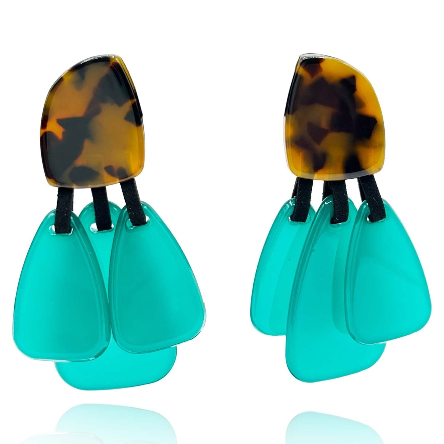 Tortoise Resin Top Earrings With Emerald Green Resin Drops