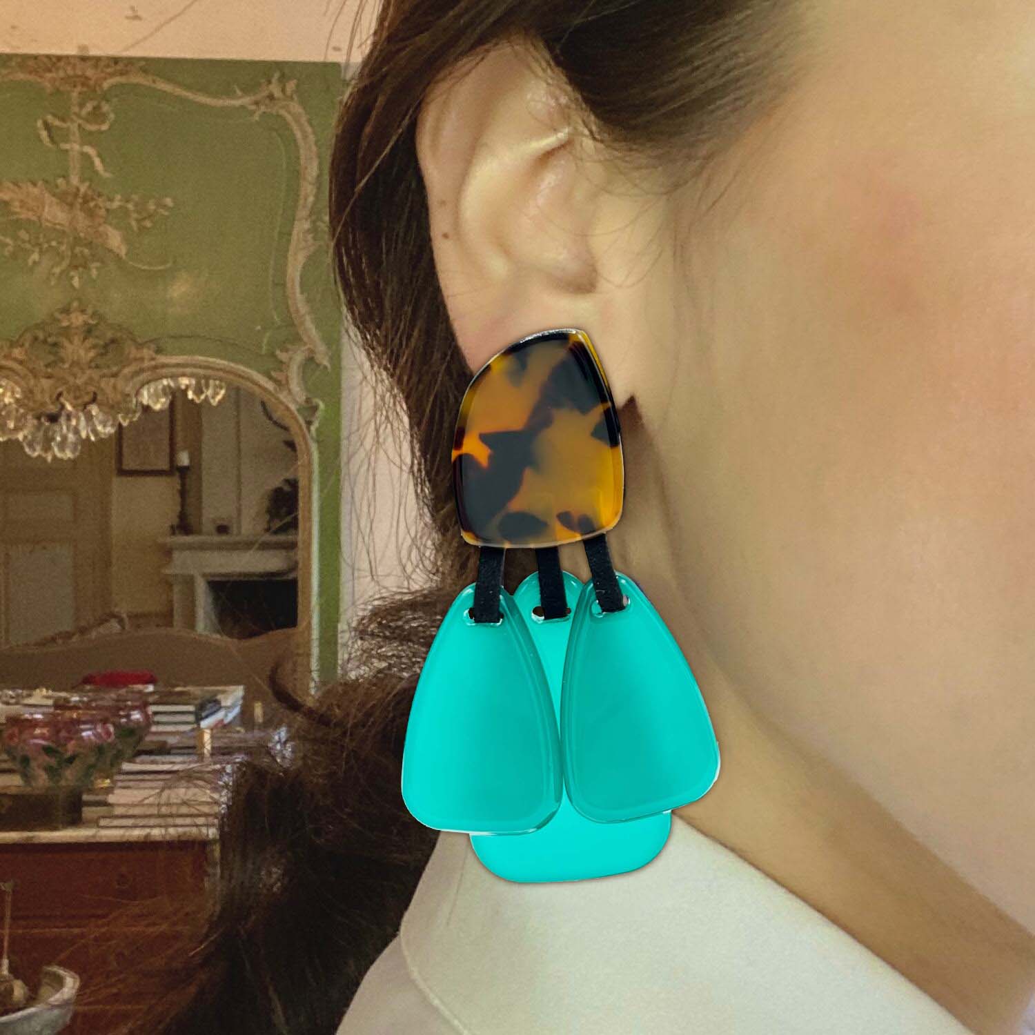 Tortoise Resin Top Earrings With Emerald Green Resin Drops