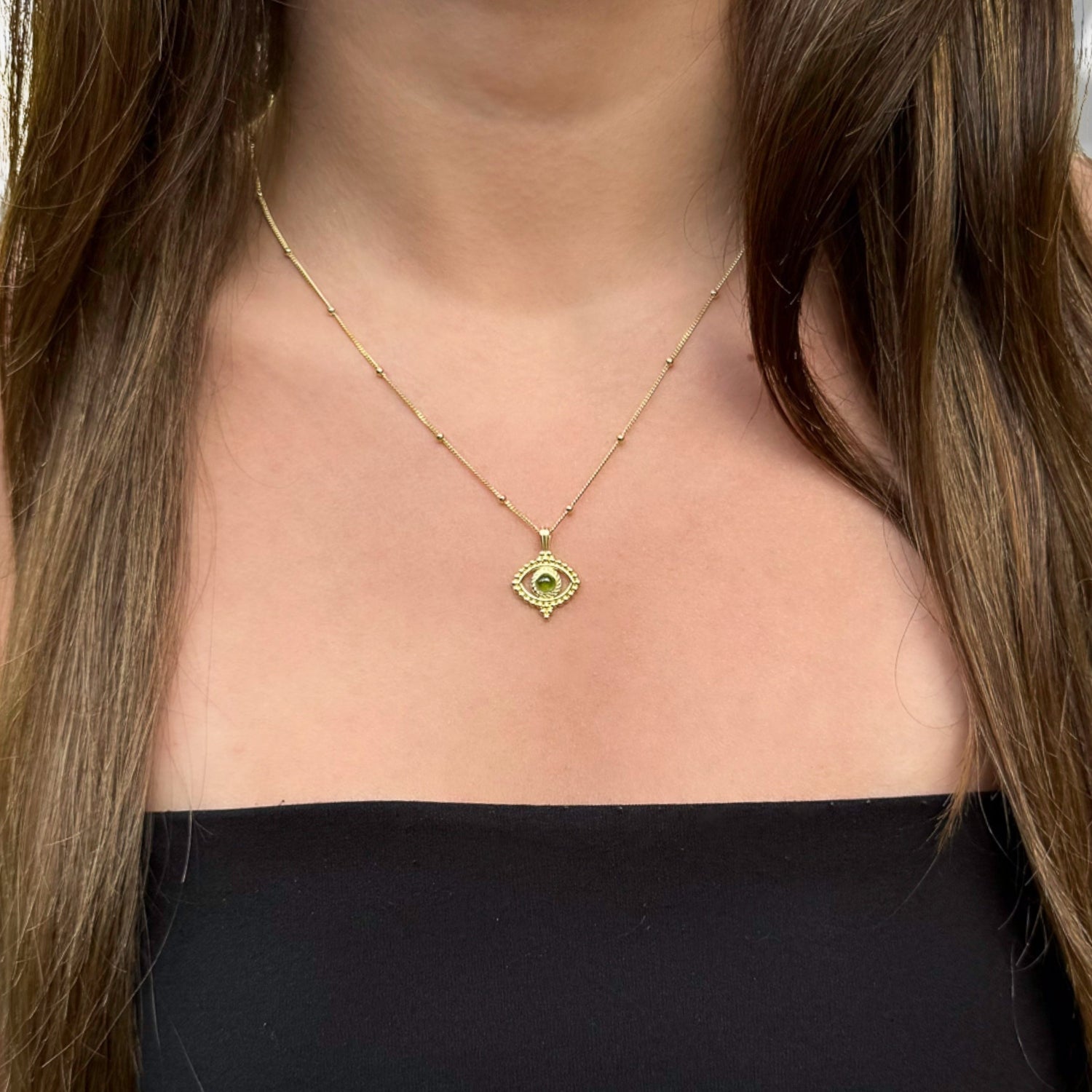 Tourmaline Evil Eye Pendant On A Stylish Gold Chain Necklace - Green
