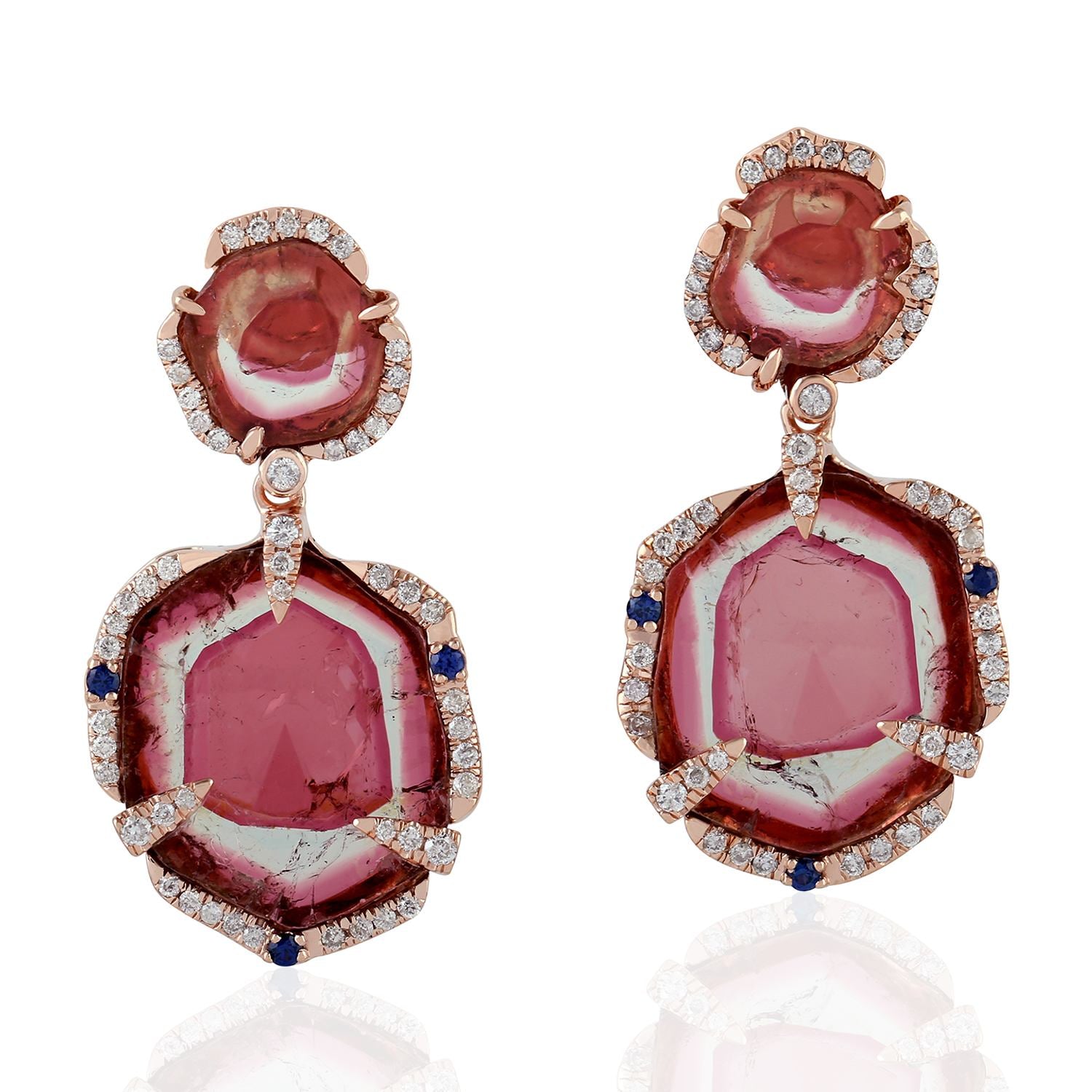 Tourmaline Melon & Blue Sapphire Diamond Dangle Earrings In Rose Gold
