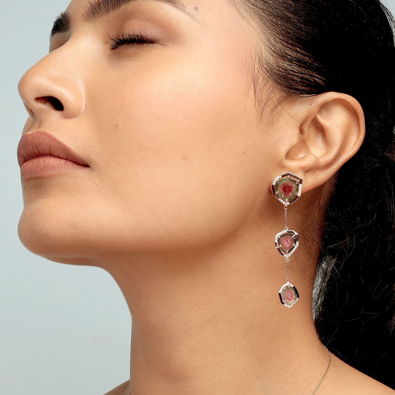 Tourmaline Melon Pave Diamond Dangle Earrings In Rose Gold