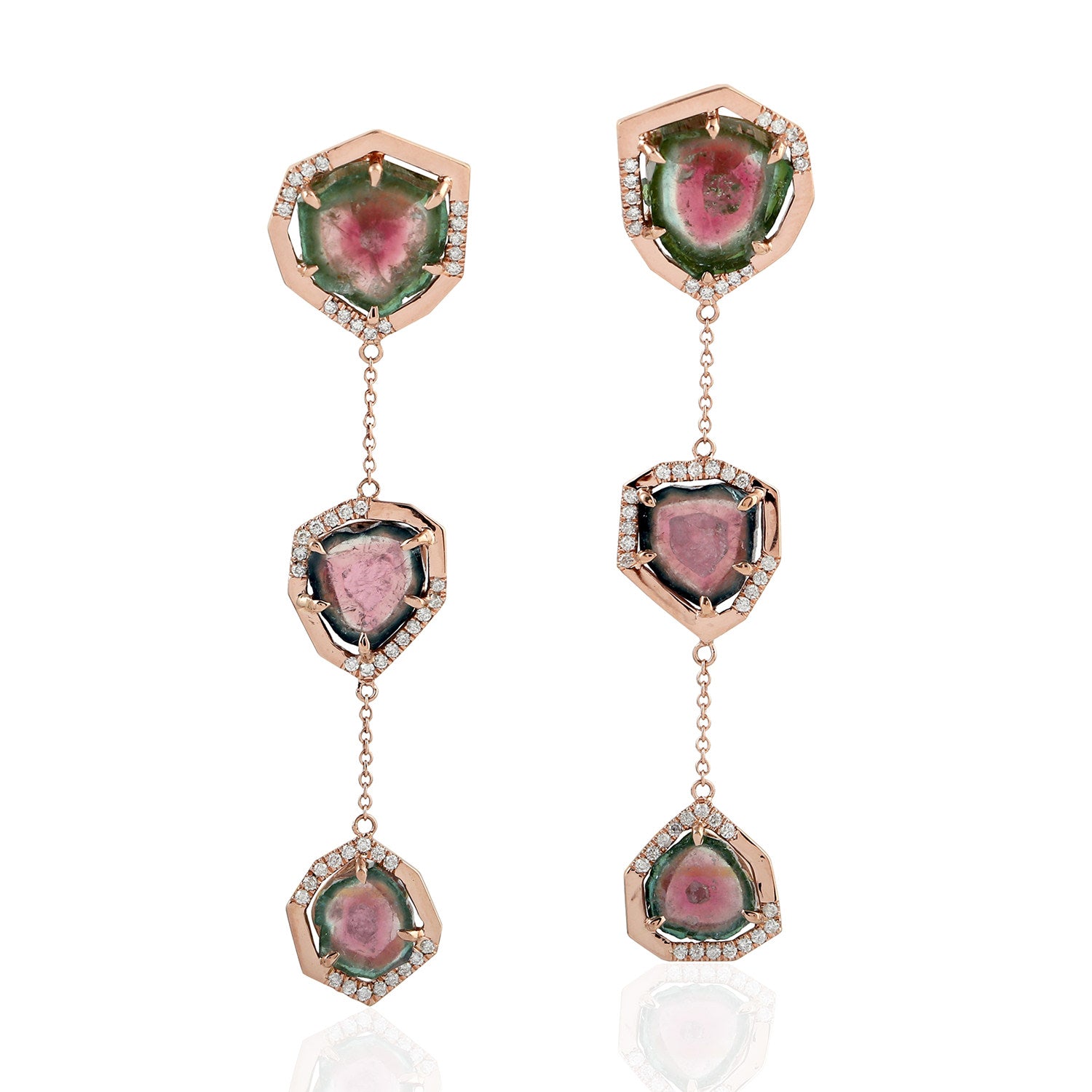 Tourmaline Melon Pave Diamond Dangle Earrings In Rose Gold