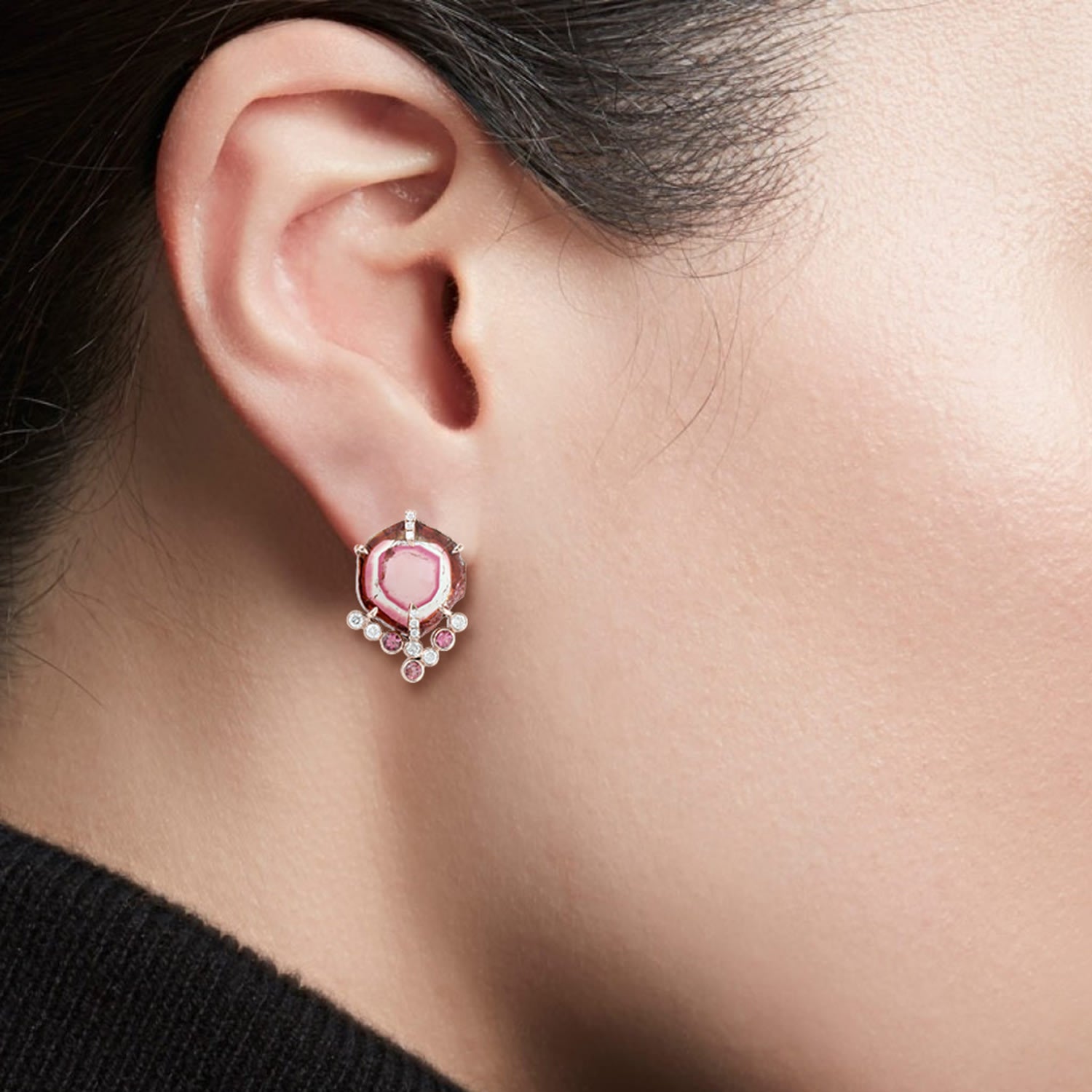 Tourmaline Melon & Pink Tourmaline Bezel Diamond Stud Earrings In Rose Gold