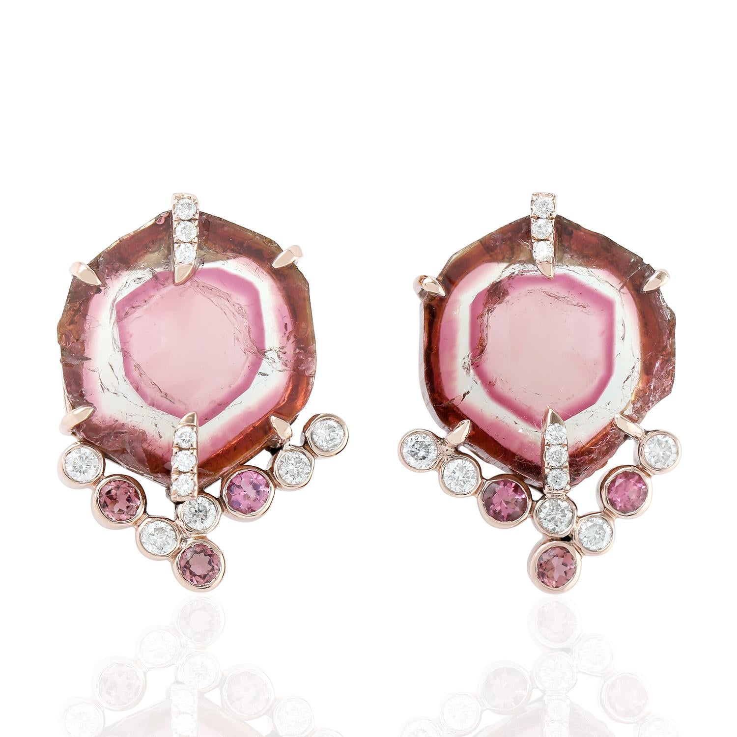 Tourmaline Melon & Pink Tourmaline Bezel Diamond Stud Earrings In Rose Gold