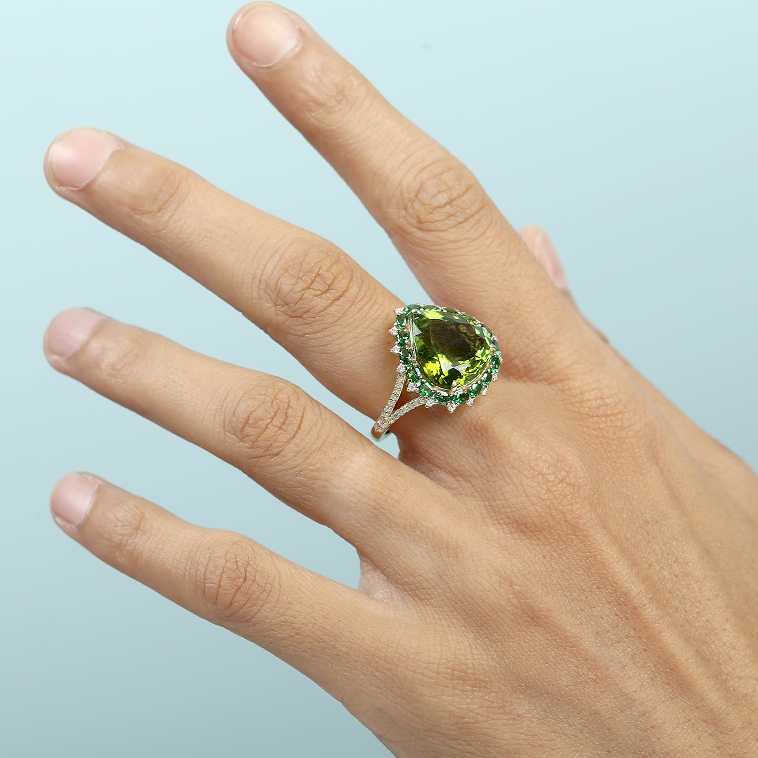 Tourmaline & Tsavorite Pave Diamond Cocktail Ring In Yellow Gold