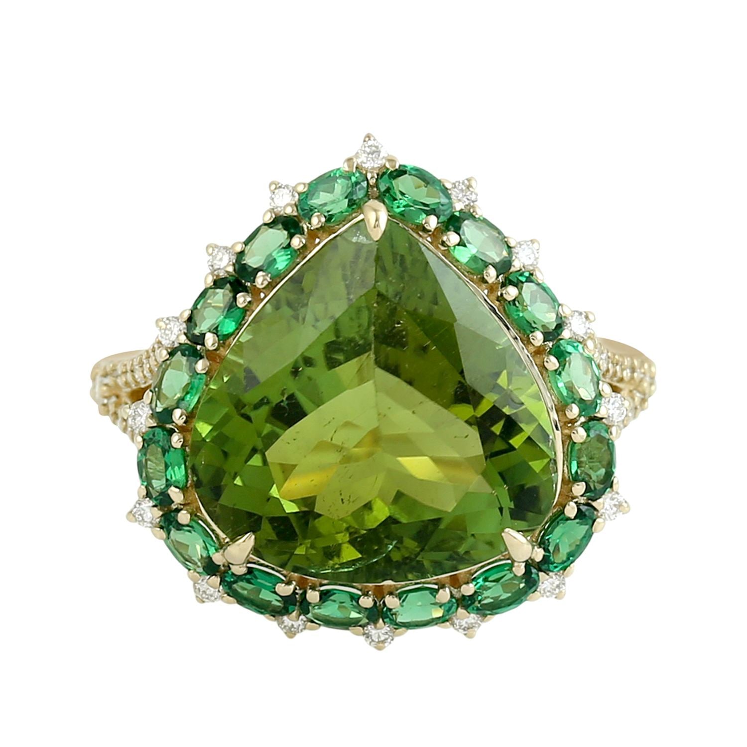 Tourmaline & Tsavorite Pave Diamond Cocktail Ring In Yellow Gold