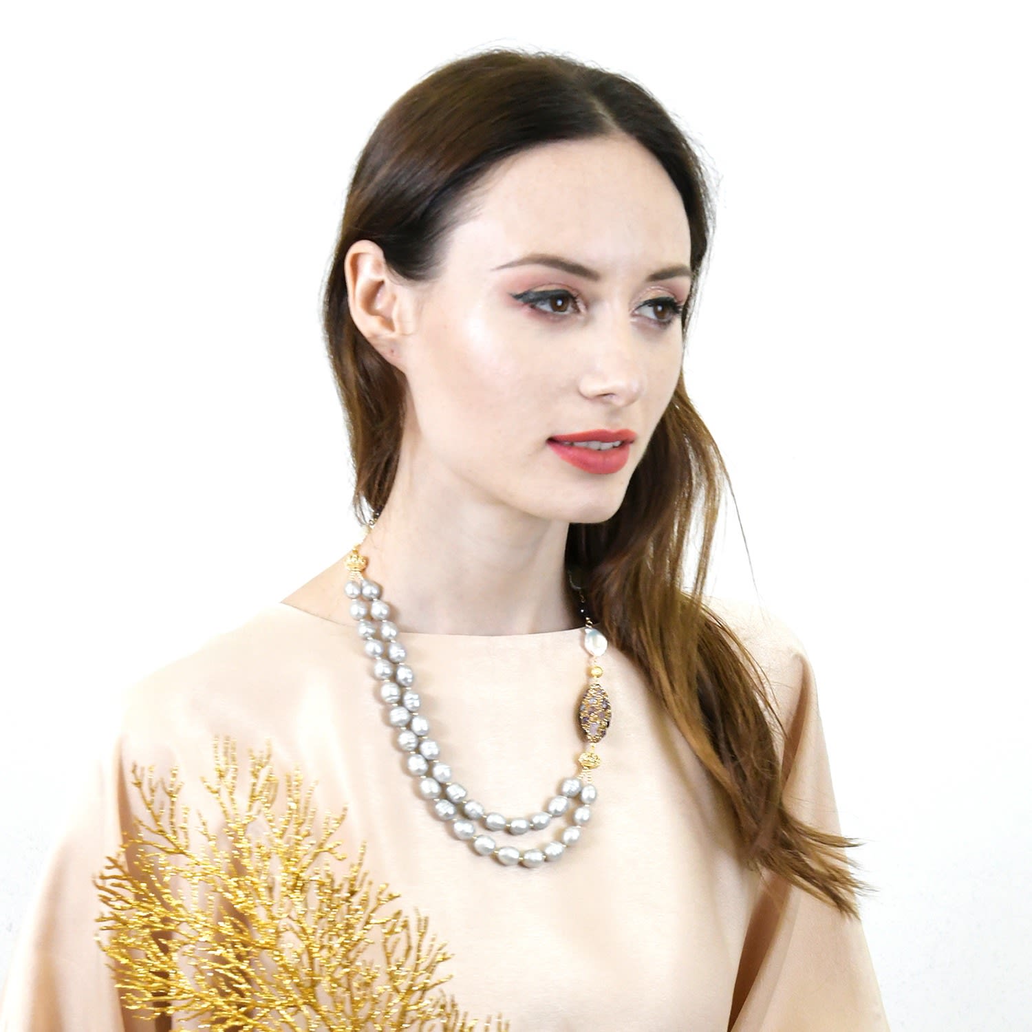 White & Grey Freshwater Pearls With Amethyst Double Strands Necklace