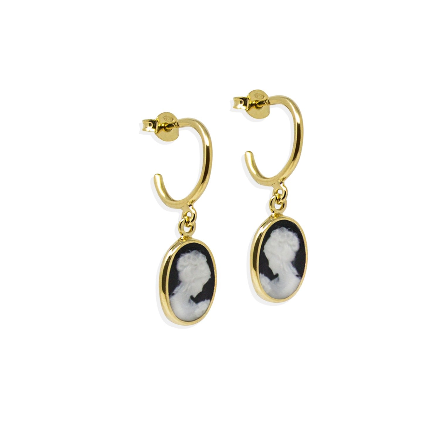 Gold-Plated Black Mini Cameo Hoop Earrings