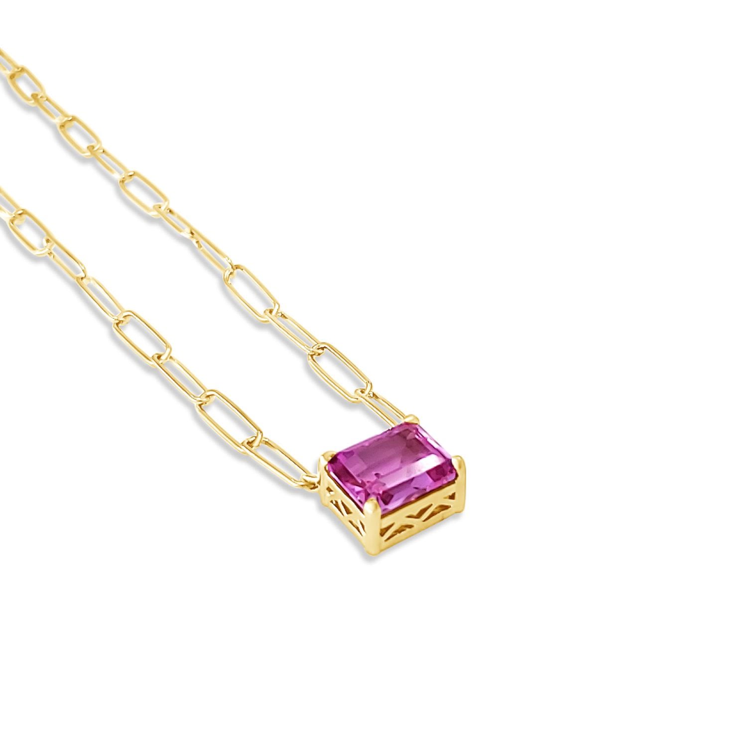 Paperclip Chain With Colored Stone Pink Sapphire - Gold