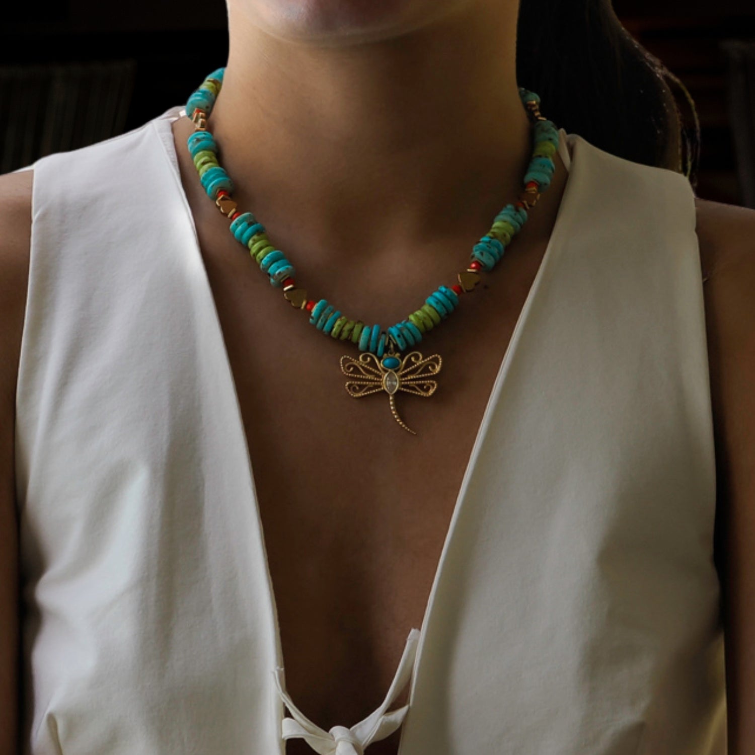 Transformation Dragonfly Gold & Turquoise Pendant Unique Necklace - Turquoise