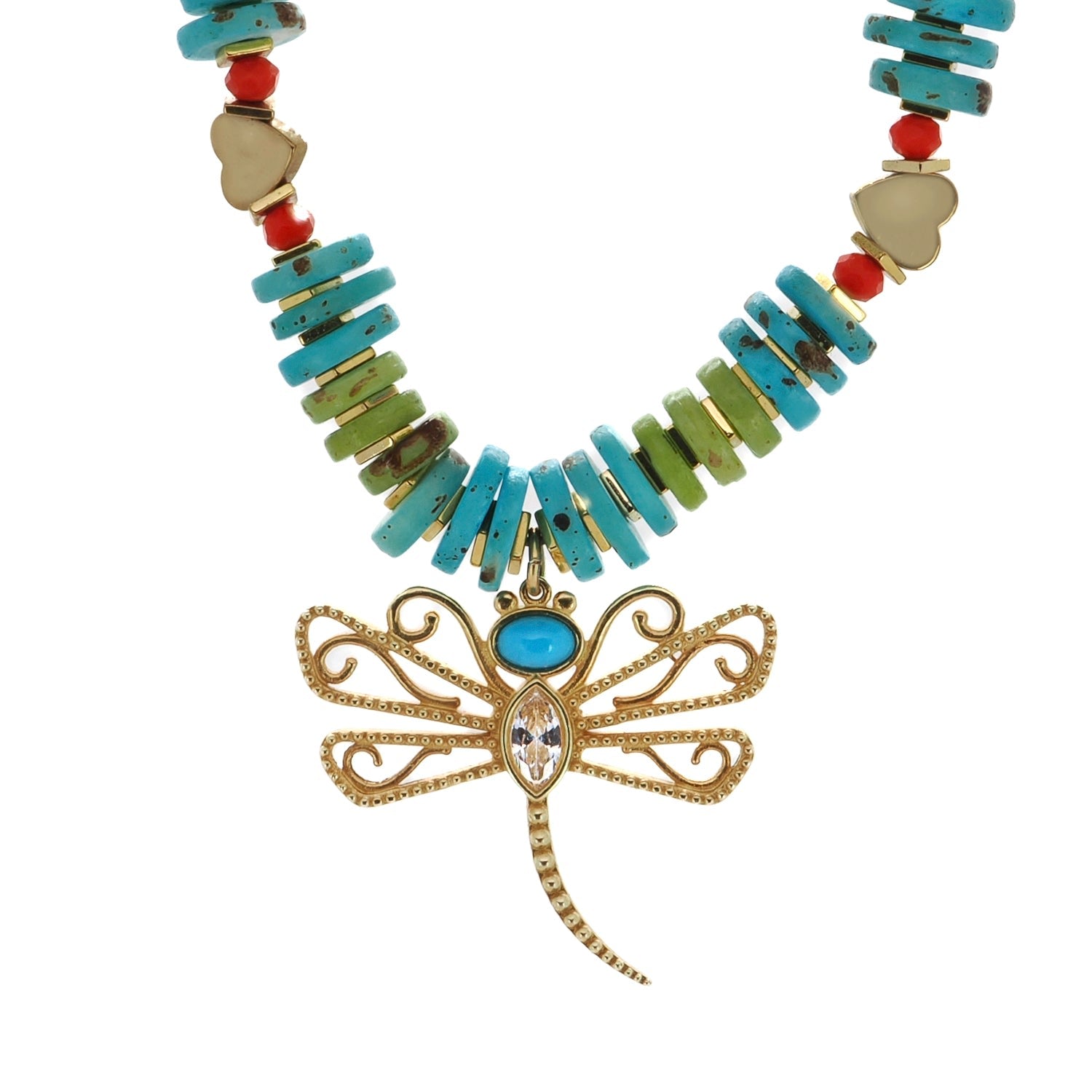 Transformation Dragonfly Gold & Turquoise Pendant Unique Necklace - Turquoise