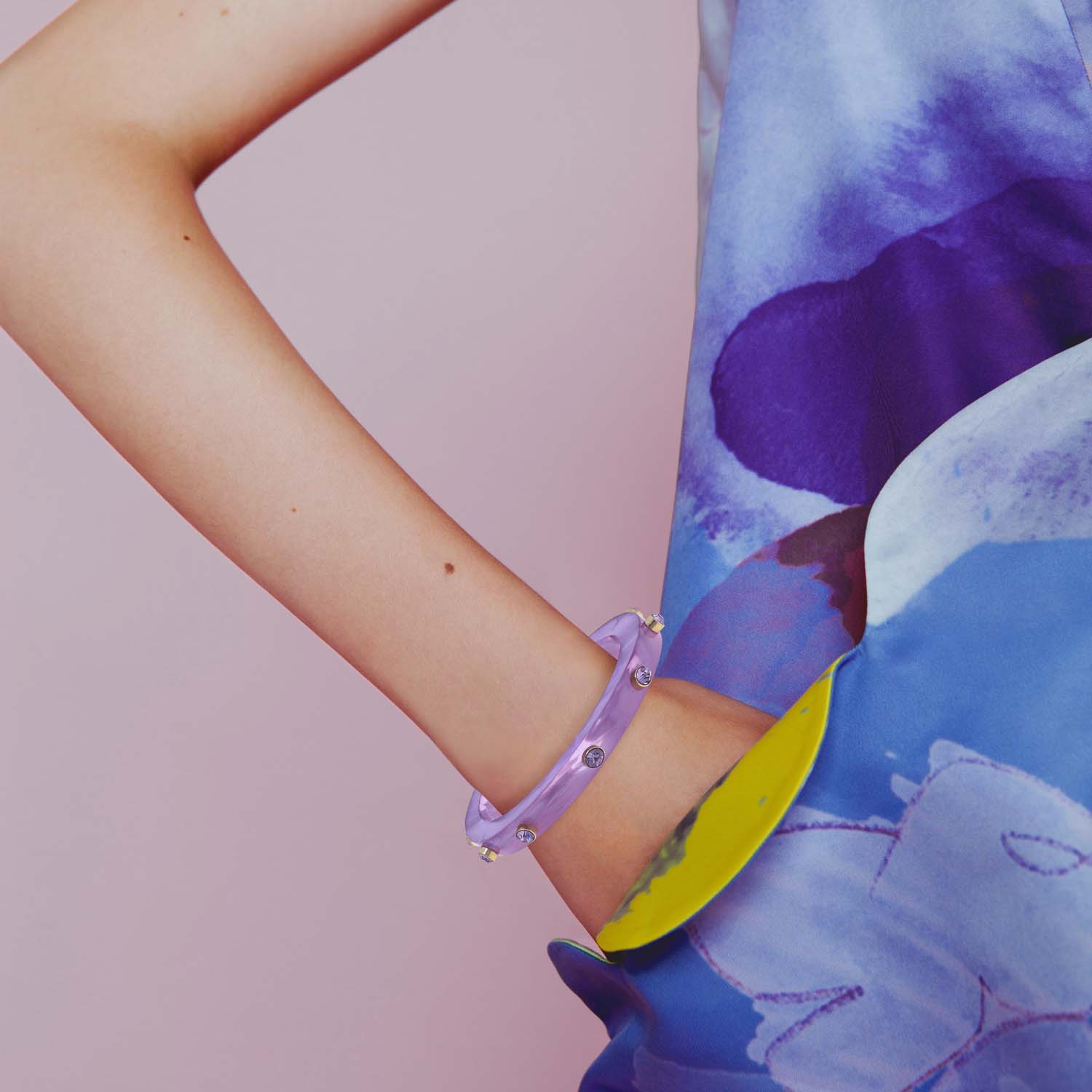 Translucent Lavender Bangle Adorned With Light Amethyst Crystal Stones