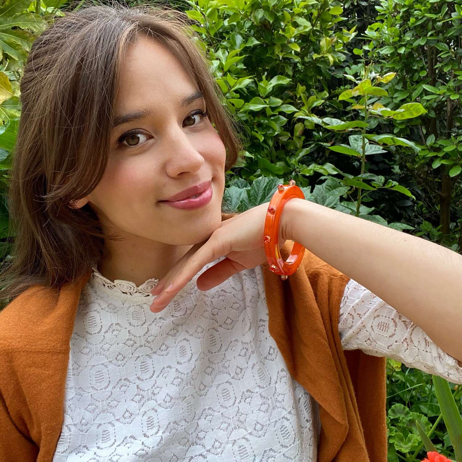 Translucent Orange Resin Bangle With Orange Faceted Stone Accents