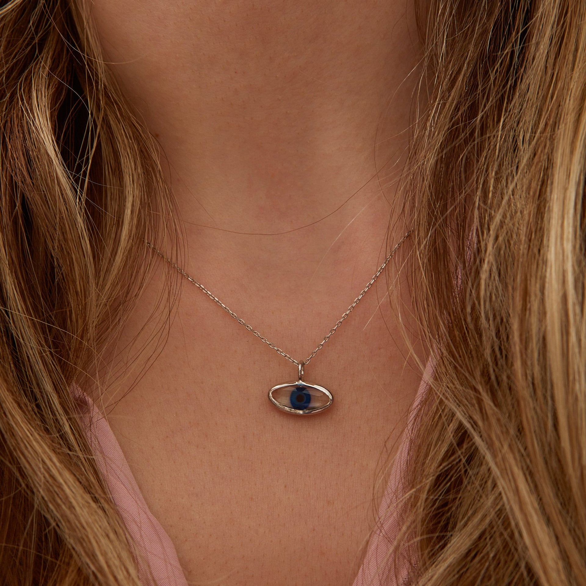 Transparent Glass Evil Eye Sterling Silver Necklace - Silver