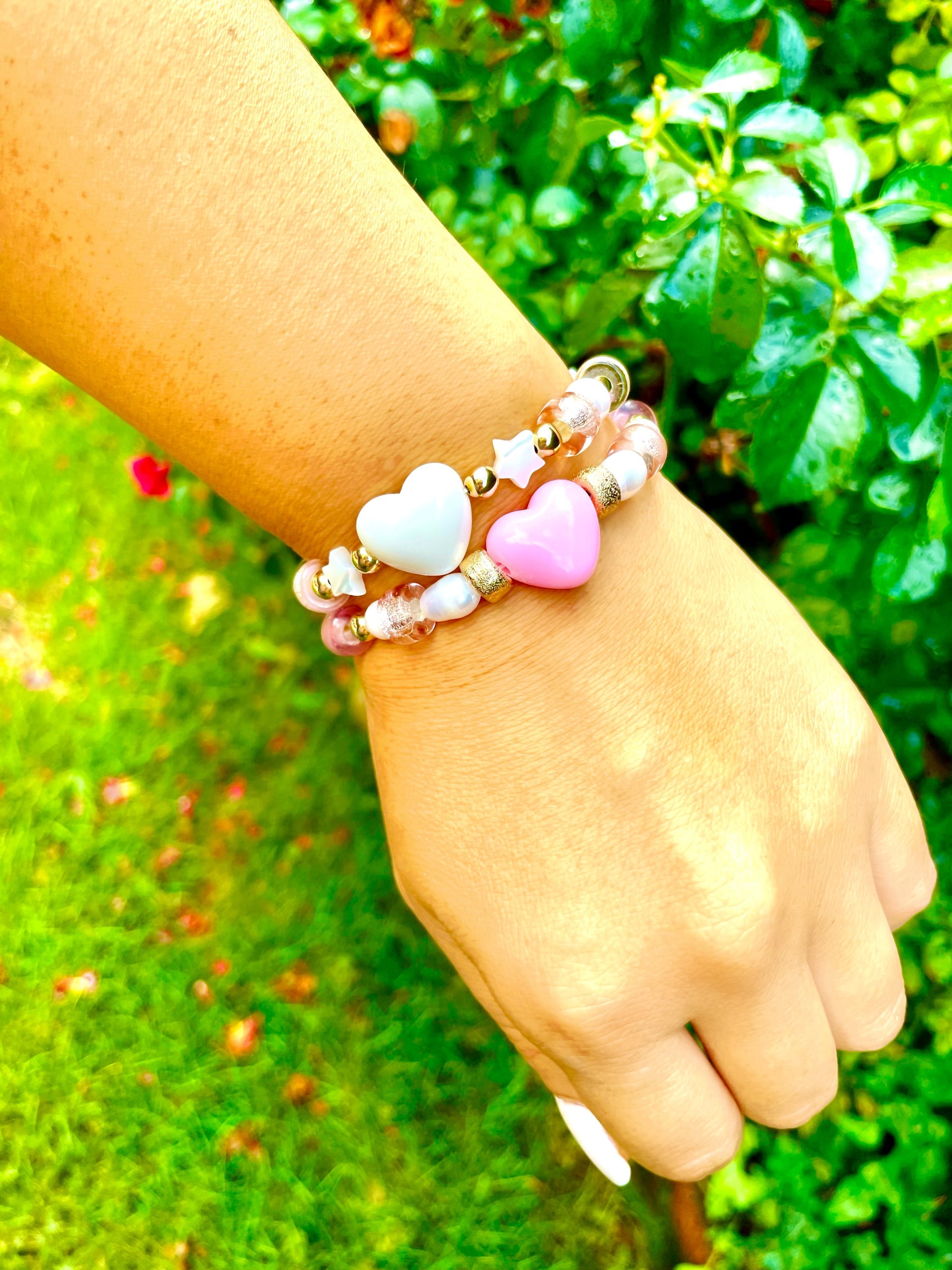 Pink Puff Heart Glass Bead Bracelet