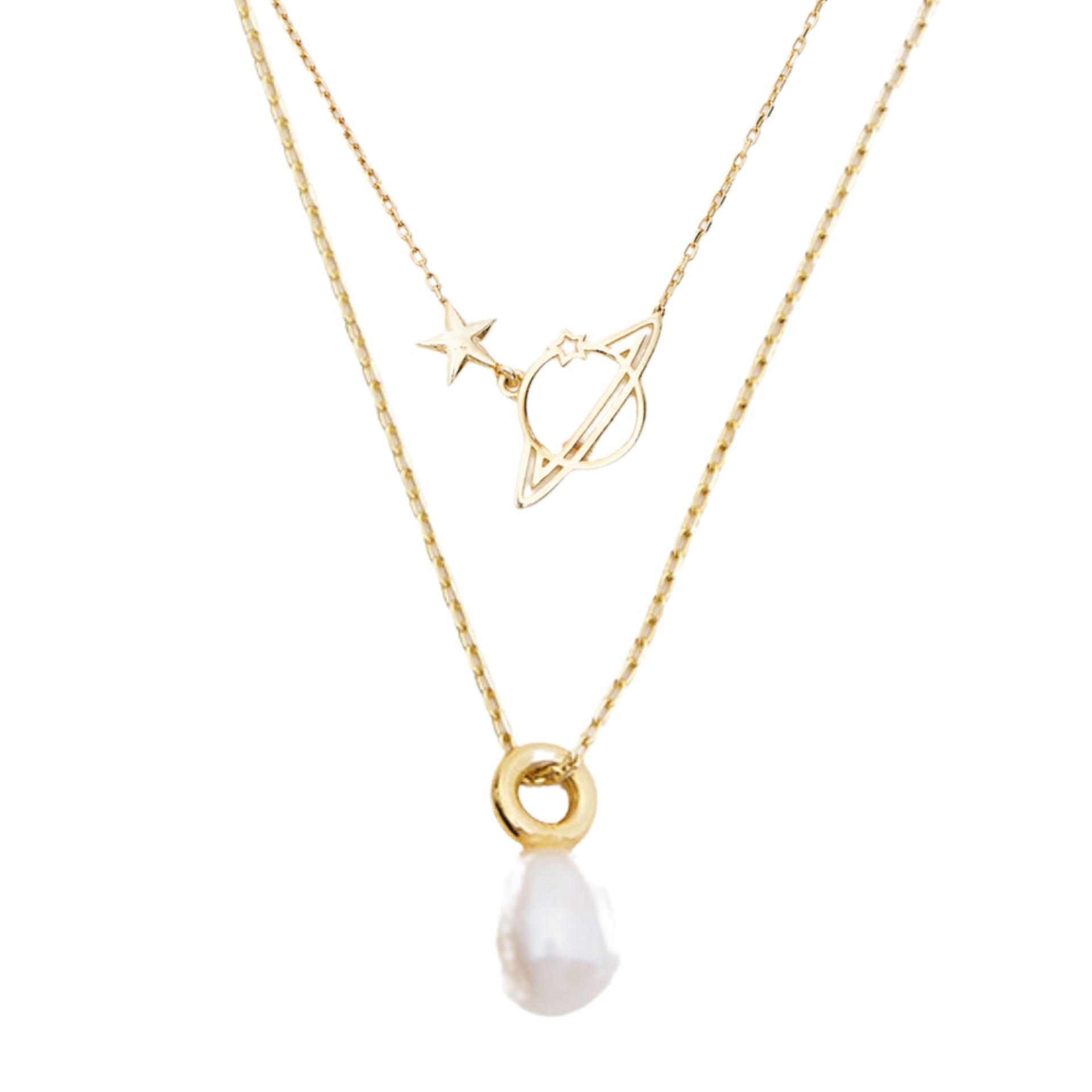 Treasures Baroque Seed Pearl & Saturn Pendant Sterling Silver Stacking Necklace Set - Gold