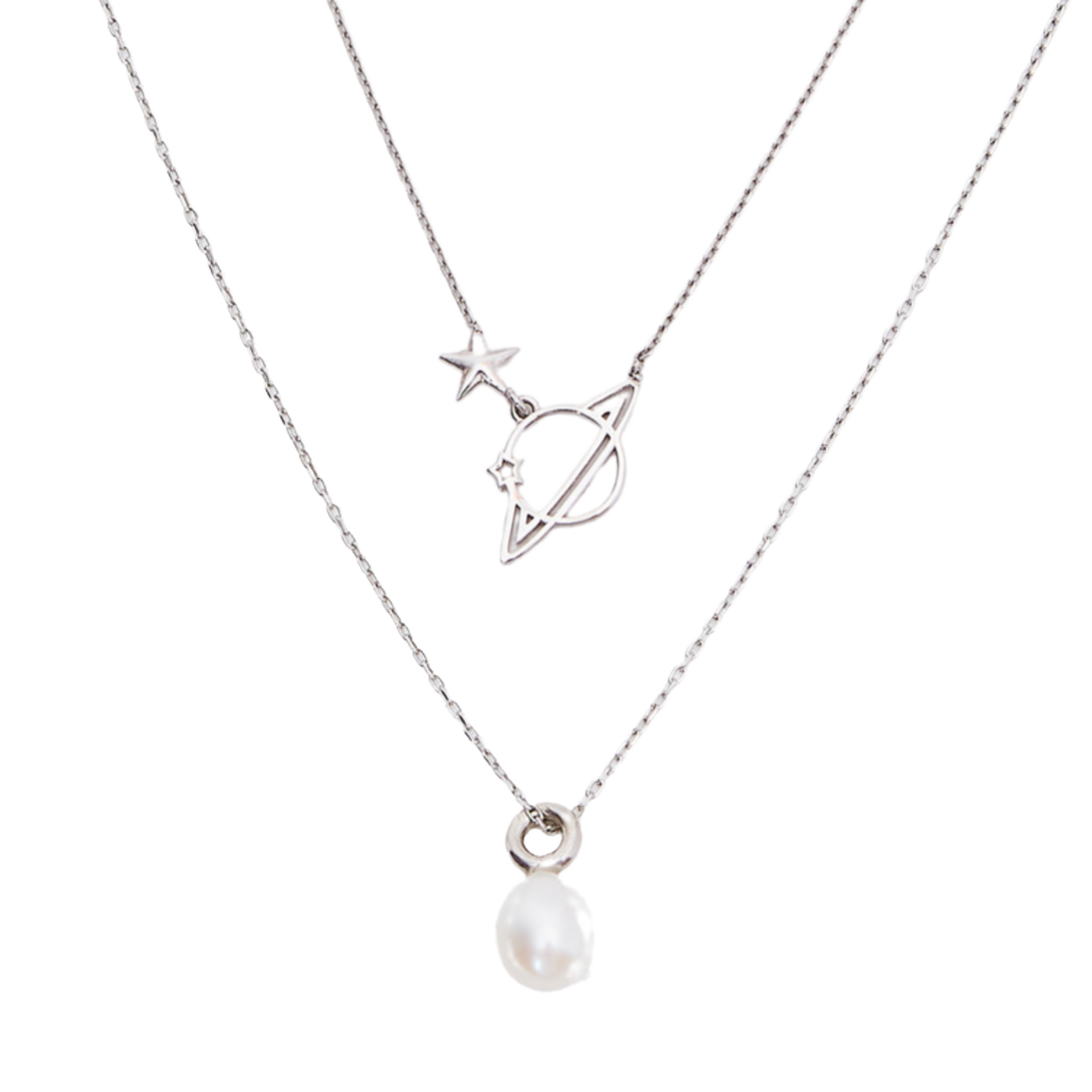 Treasures Baroque Seed Pearl Saturn Pendant Sterling Silver Stacking Necklace Set