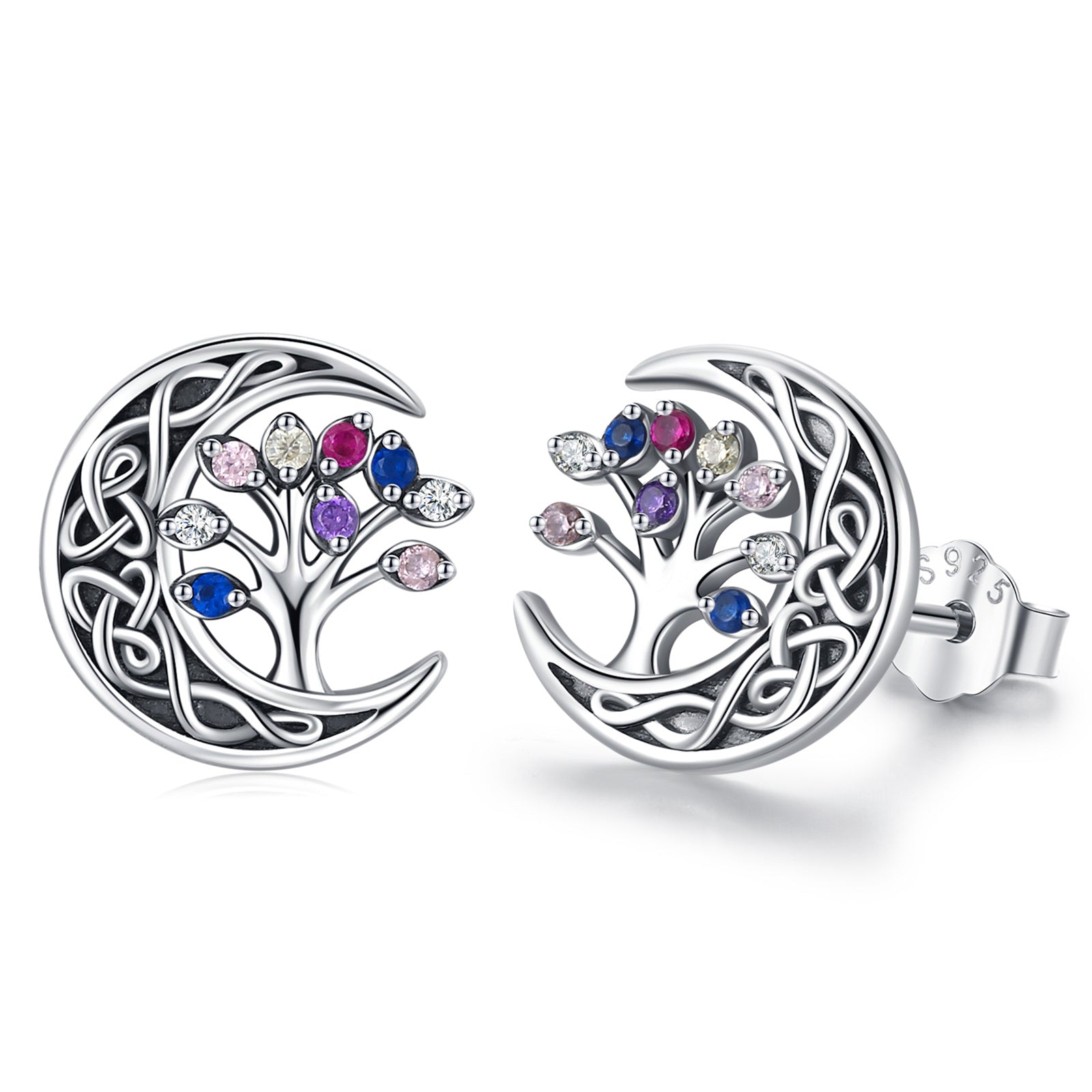 Sterling Silver Cubic Zirconia Tree Of Life & Celtic Knot & Moon Stud Earrings