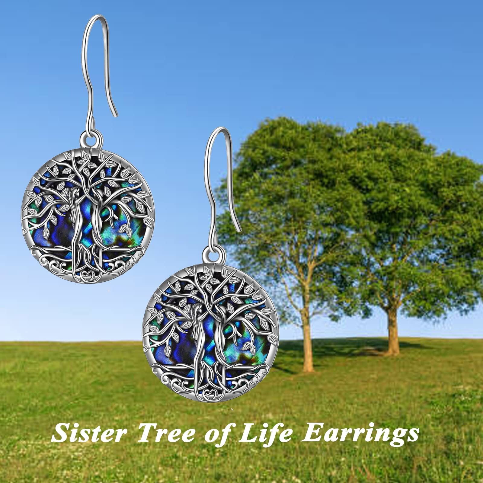 Sterling Silver Round Abalone Shellfish Tree Of Life Drop Earrings