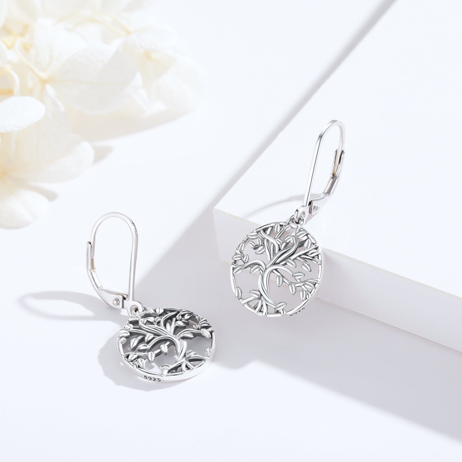 Sterling Silver Tree Of Life Lever-back Earrings