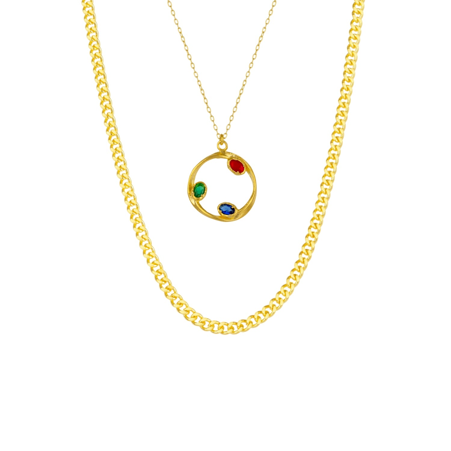 Tri-Gem Harmony Gold Pendant & Large Cuban Chain Necklace Layering Gift Set