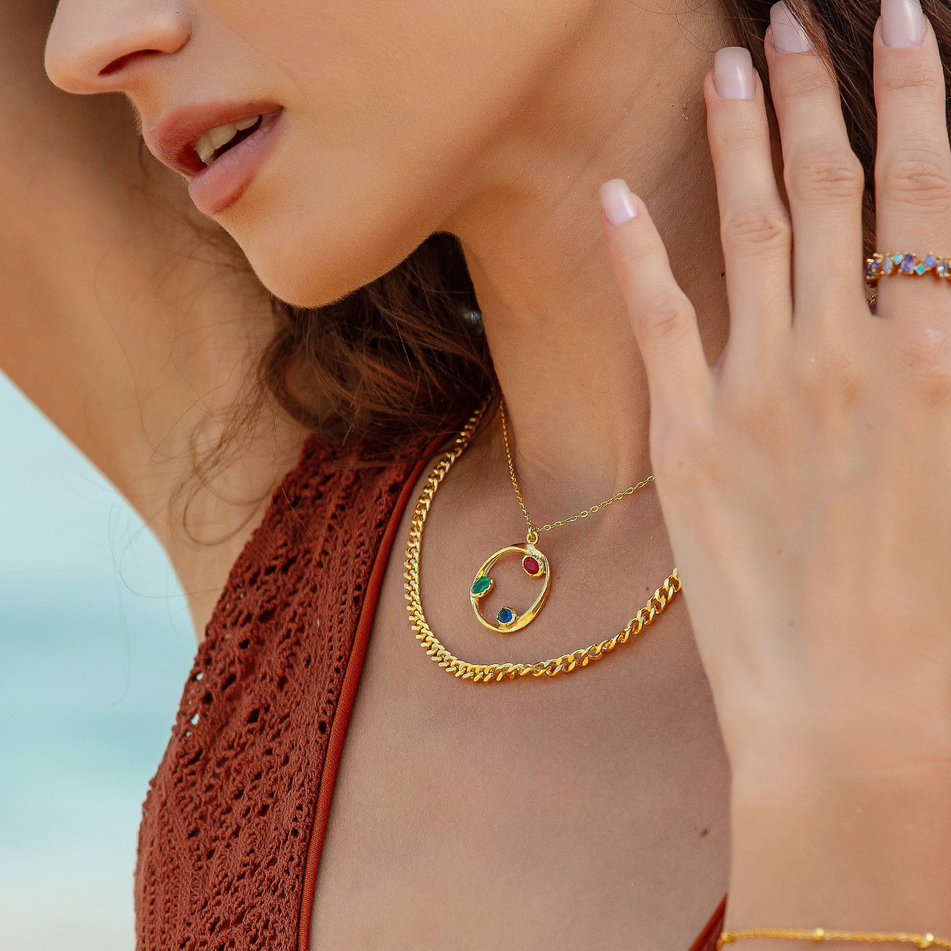 Tri-Gem Harmony Gold Pendant & Large Cuban Chain Necklace Layering Gift Set