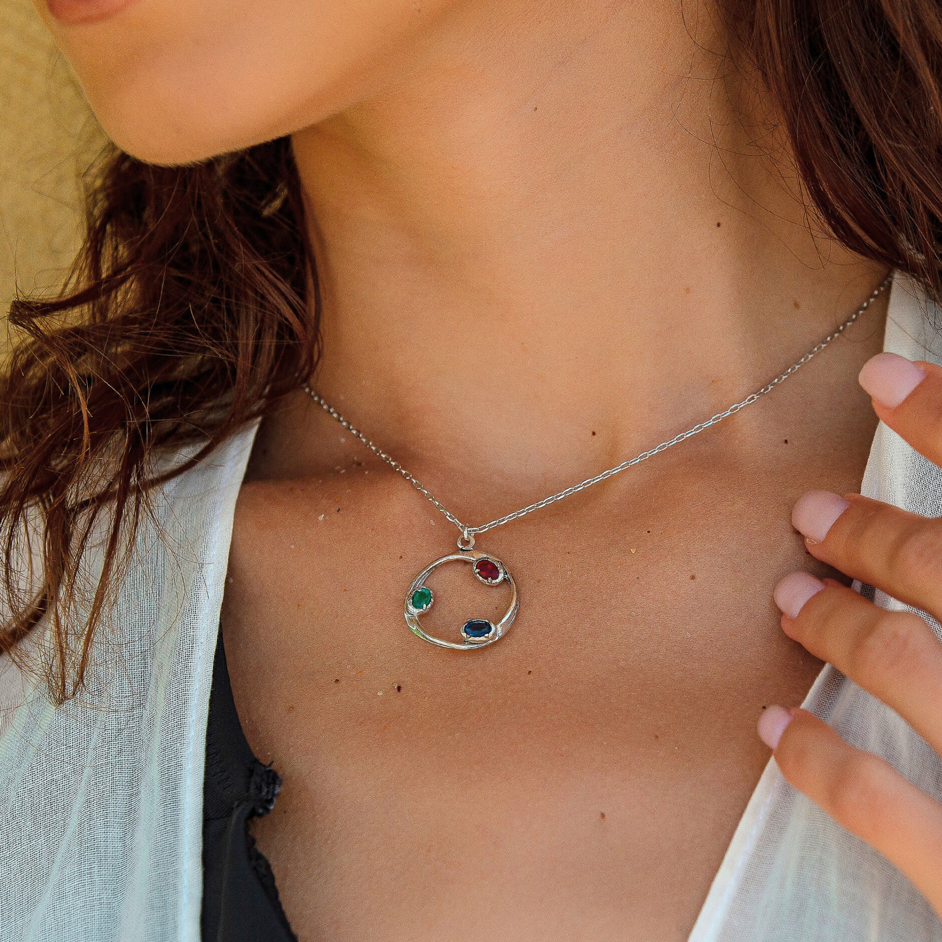 Tri-Gem Harmony Silver Pendant Necklace