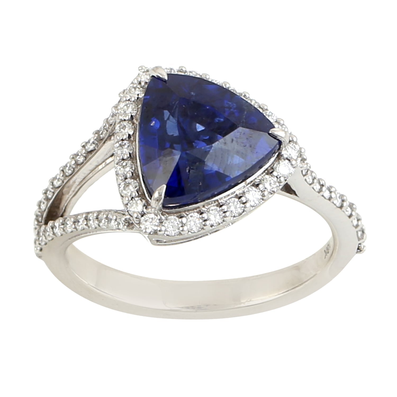 Triangle Blue Sapphire & Pave Diamond Cocktail Ring In 18K White Gold