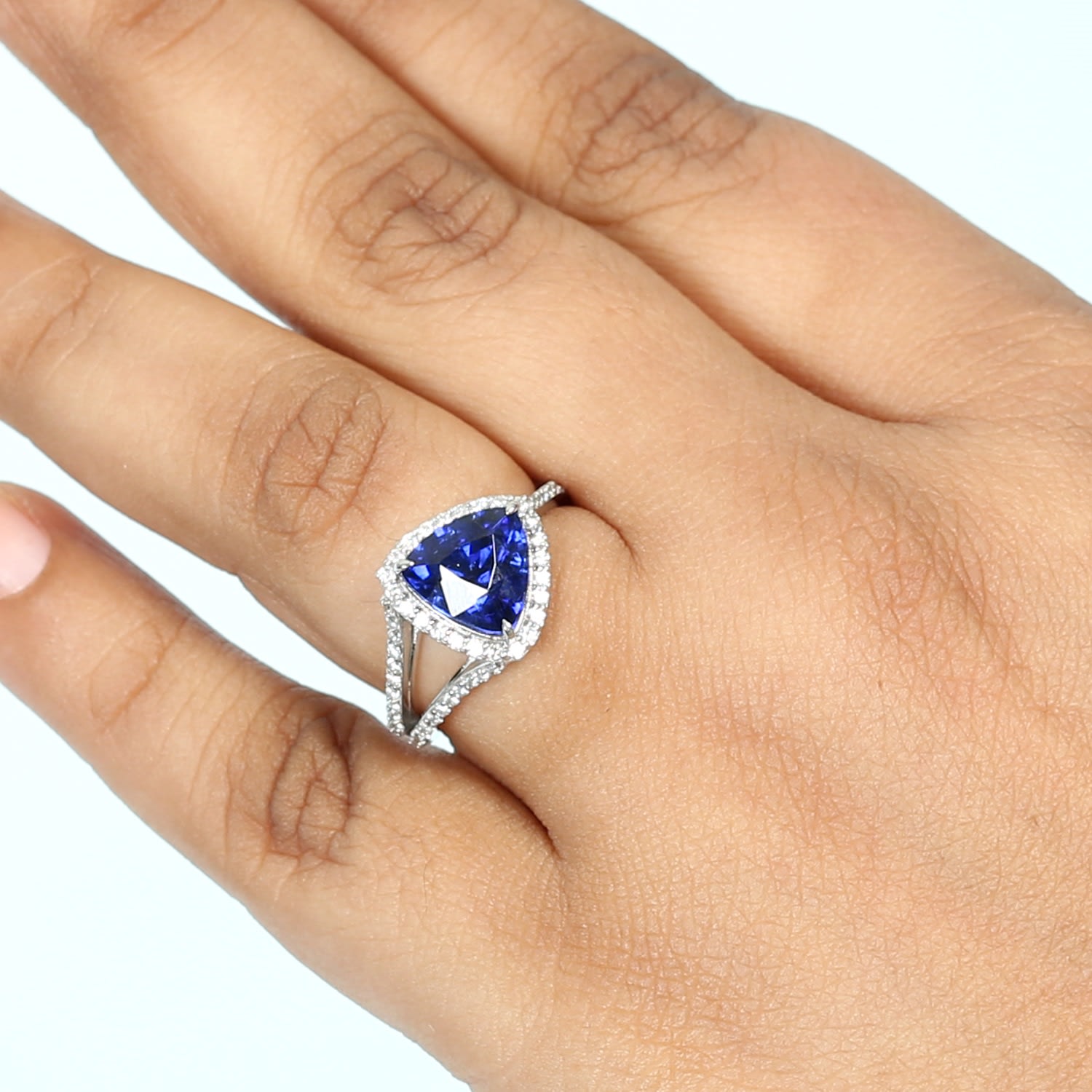 Triangle Blue Sapphire & Pave Diamond Cocktail Ring In 18K White Gold