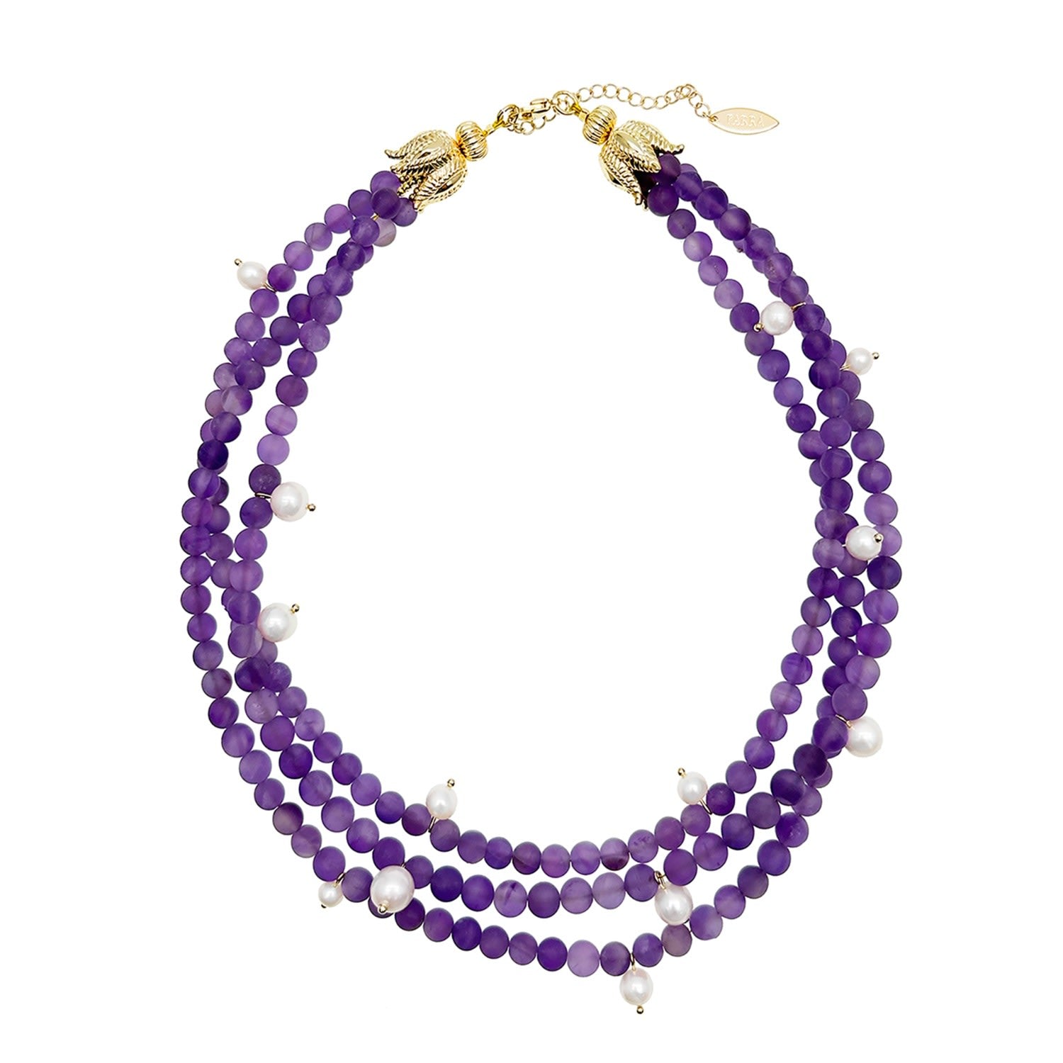 Trible Strands Matte Amethyst With Pearls Necklace